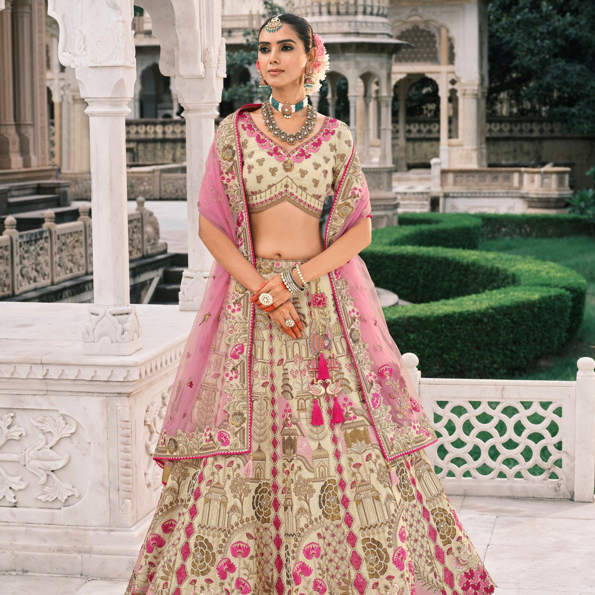 Beige & Pink Bridal Lehenga with Floral Embroidery