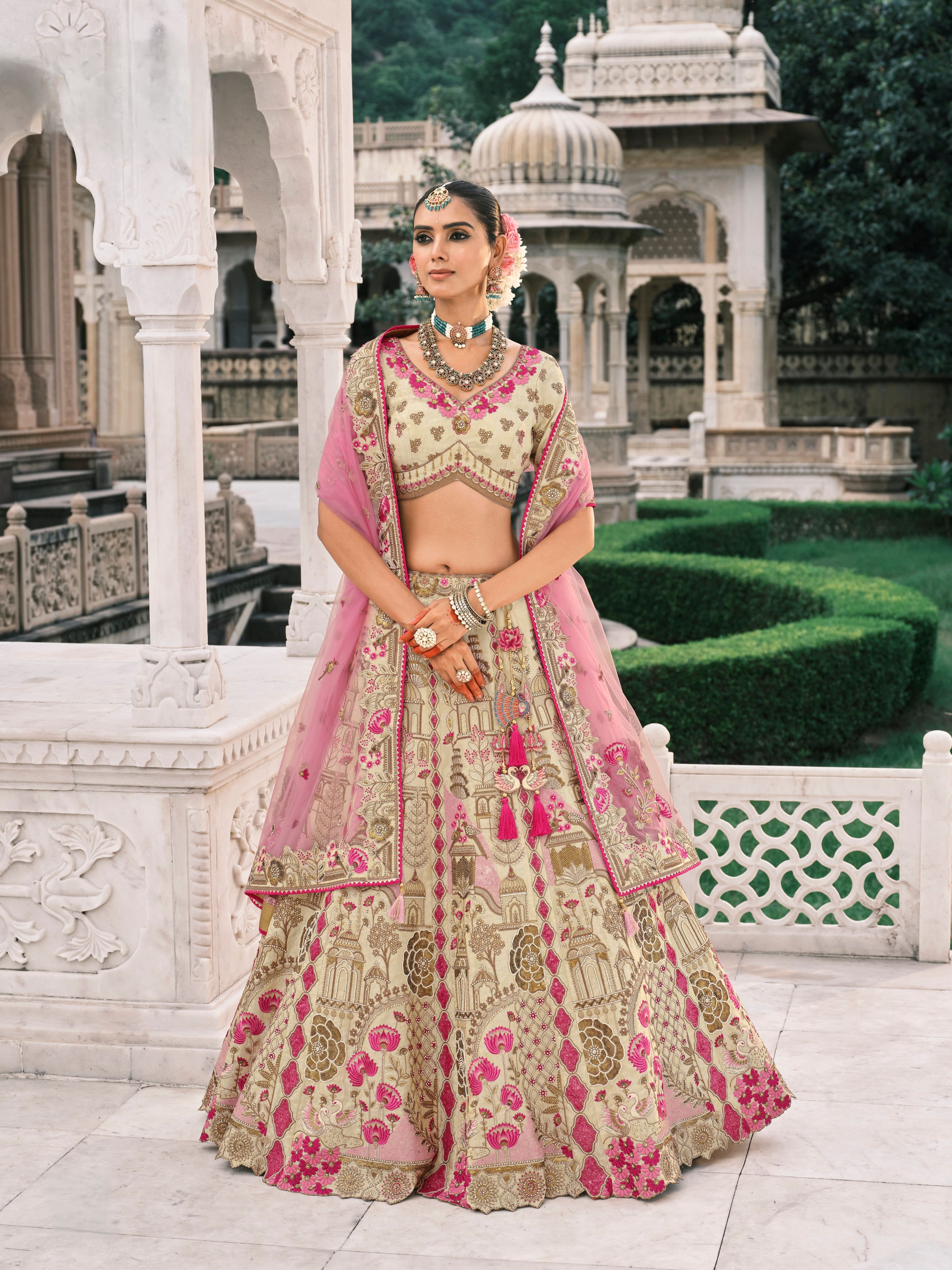 Beige & Pink Bridal Lehenga with Floral Embroidery