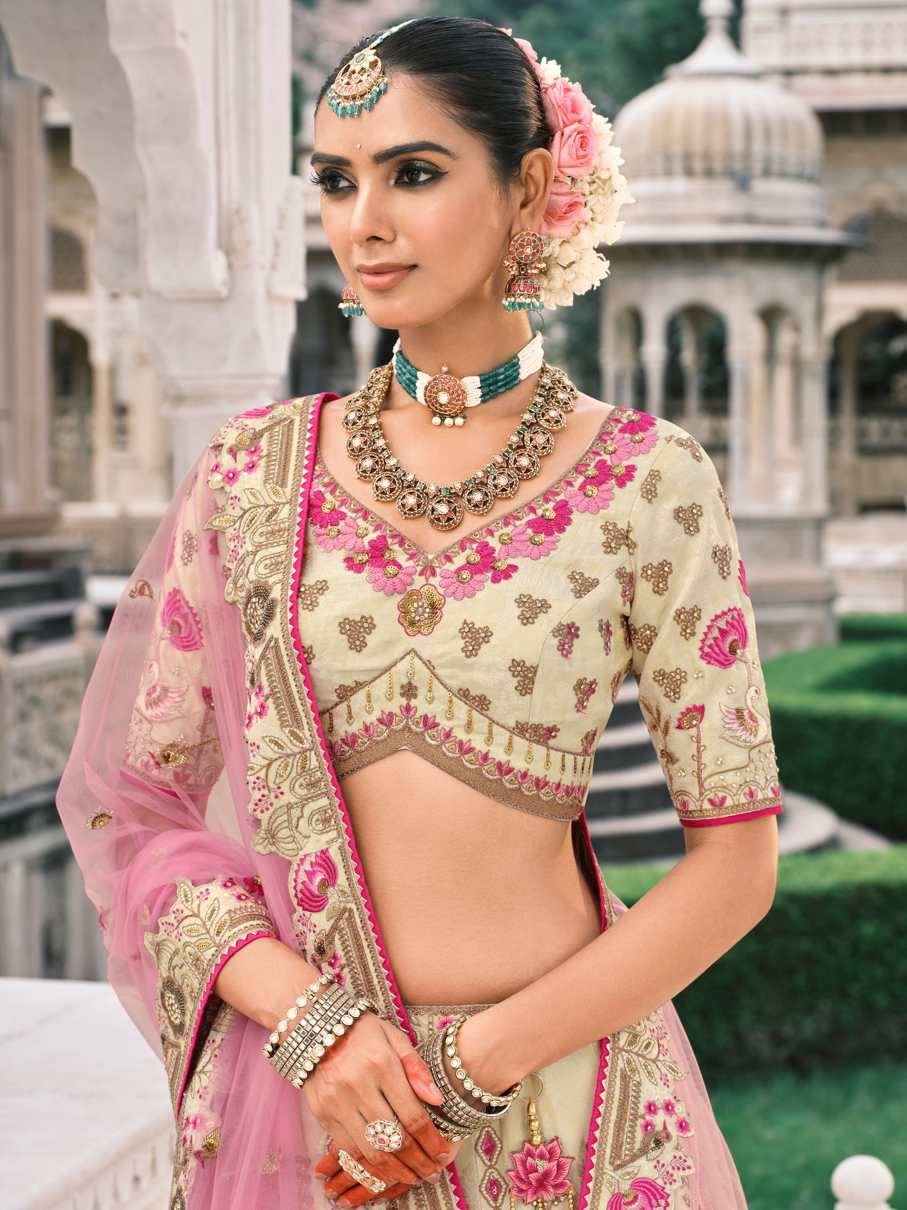 Beige &amp; Pink Bridal Lehenga with Floral Embroidery