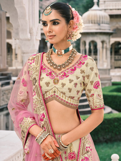 Beige &amp; Pink Bridal Lehenga with Floral Embroidery