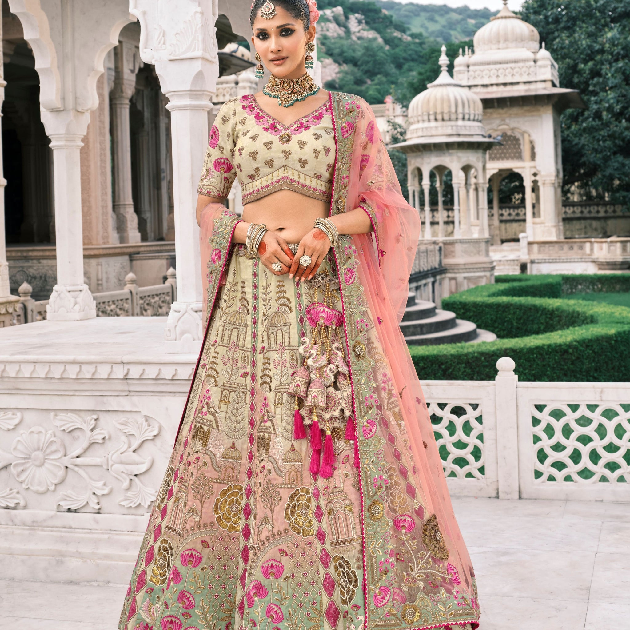 Ivory & Green Bridal Lehenga with Sequin & Mirror Embroidery