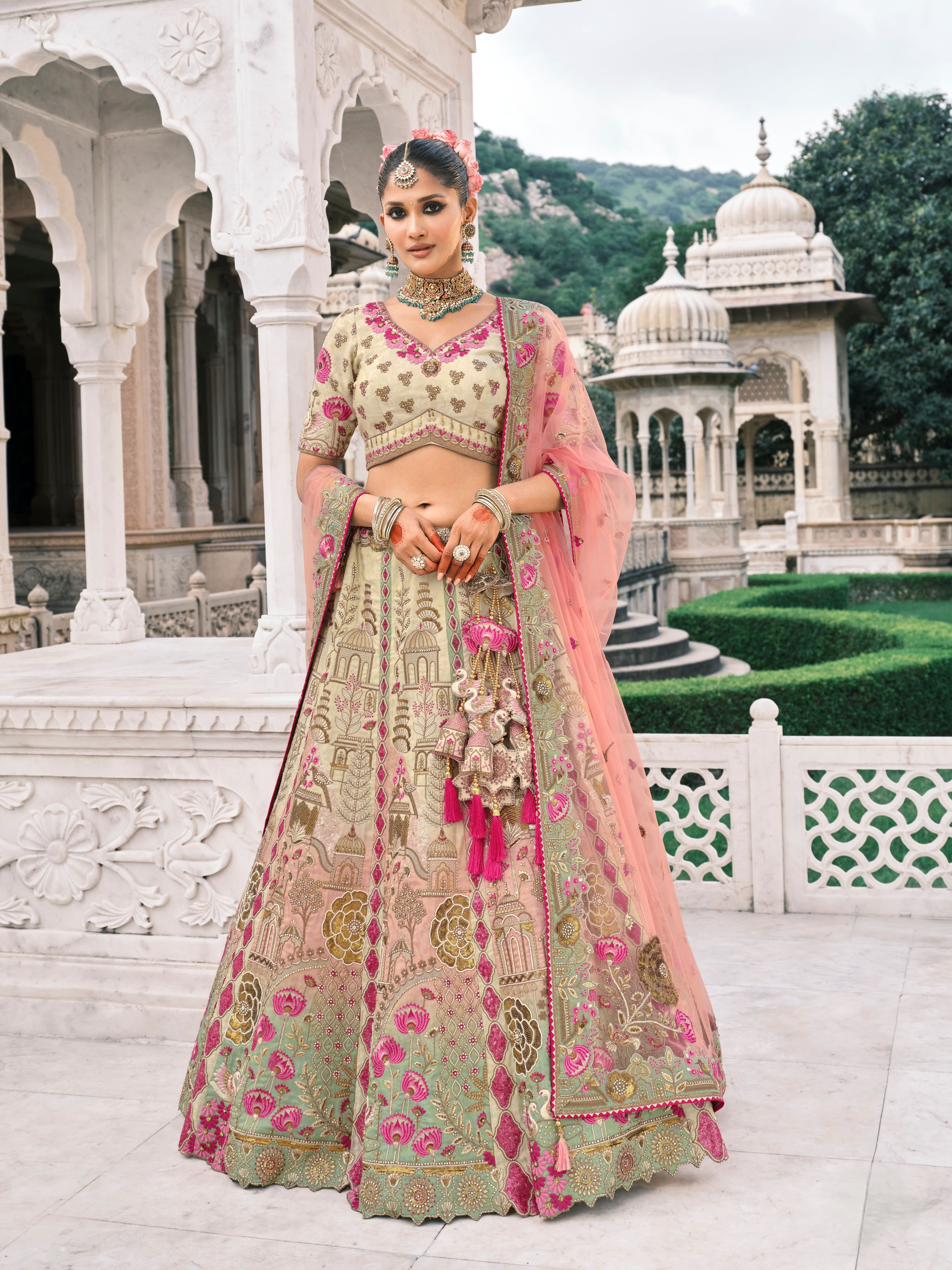 Ivory &amp; Green Bridal Lehenga with Sequin &amp; Mirror Embroidery