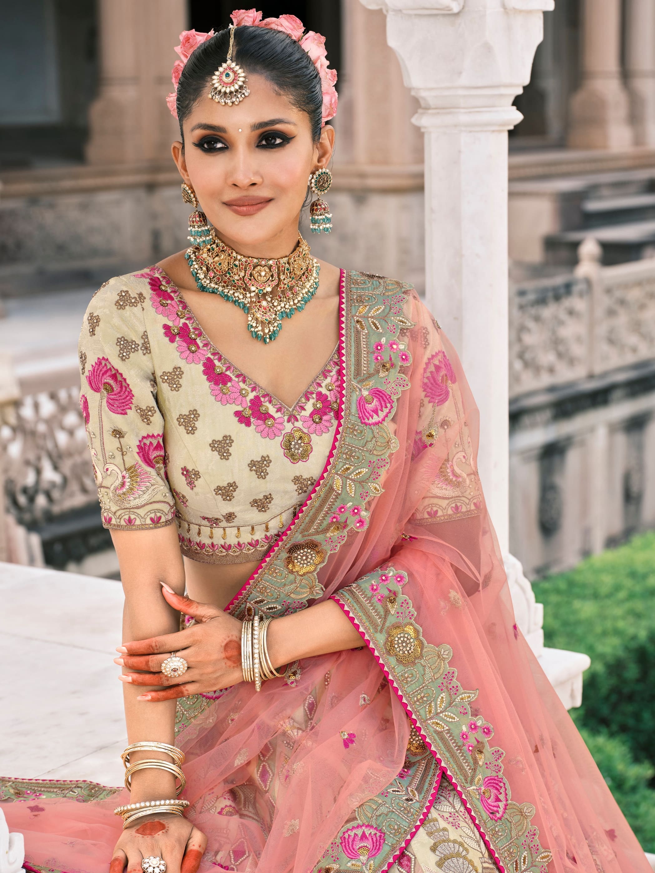 Ivory &amp; Green Bridal Lehenga with Sequin &amp; Mirror Embroidery