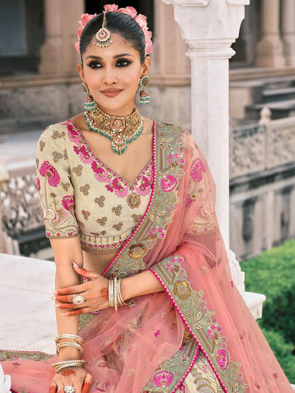 Ivory &amp; Green Bridal Lehenga with Sequin &amp; Mirror Embroidery