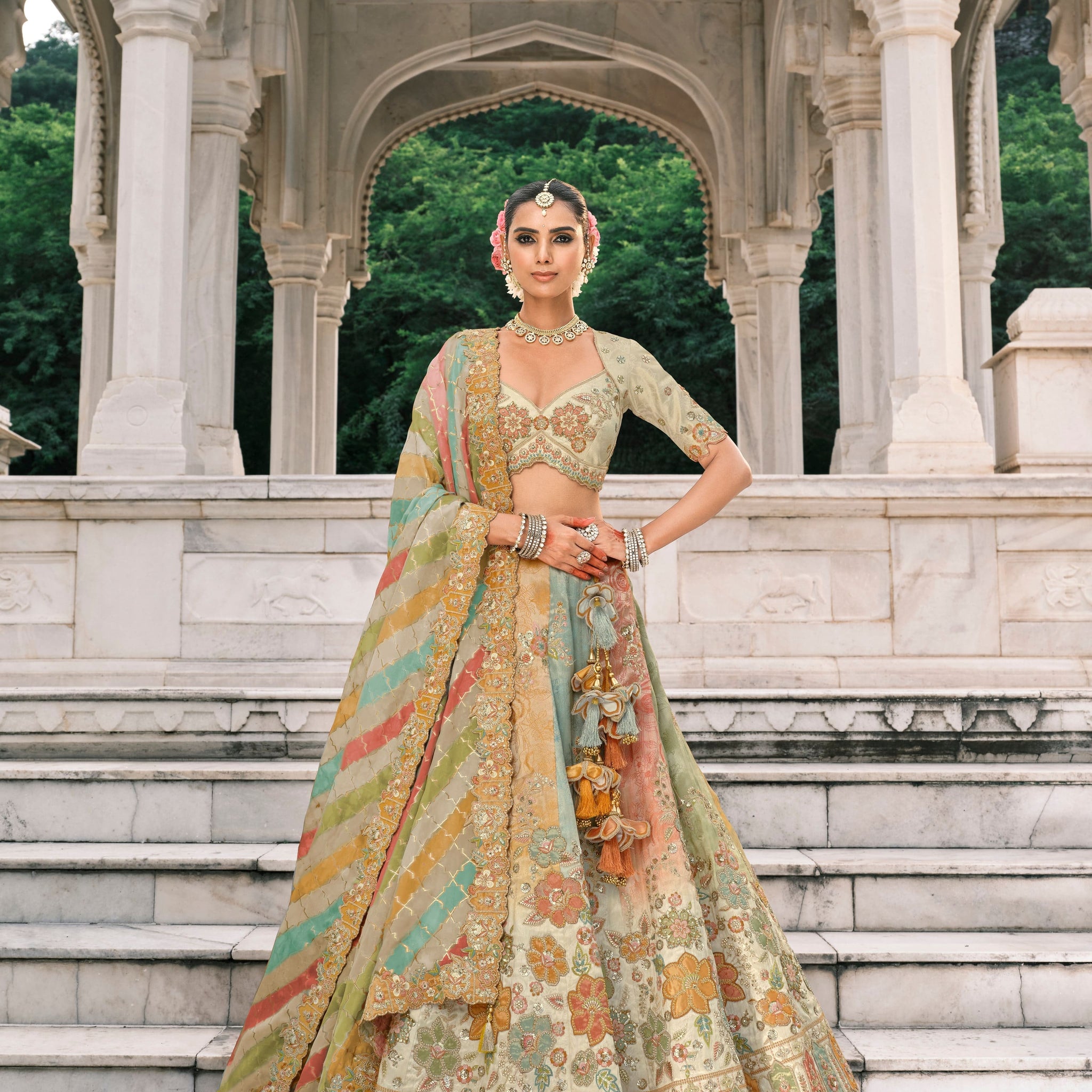 Multi-Color Bridal Lehenga with Embroidery & Cutwork Border