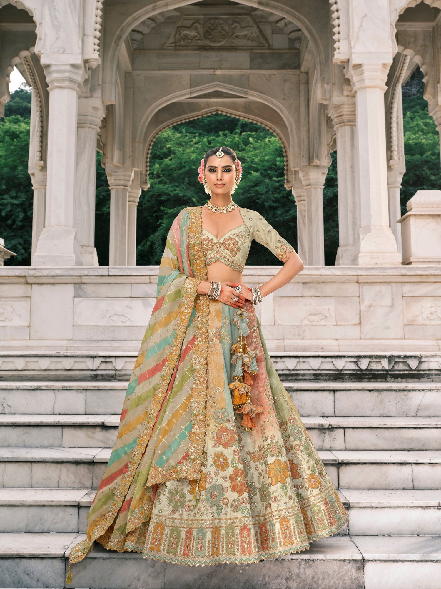 Multi-Color Bridal Lehenga with Embroidery &amp; Cutwork Border