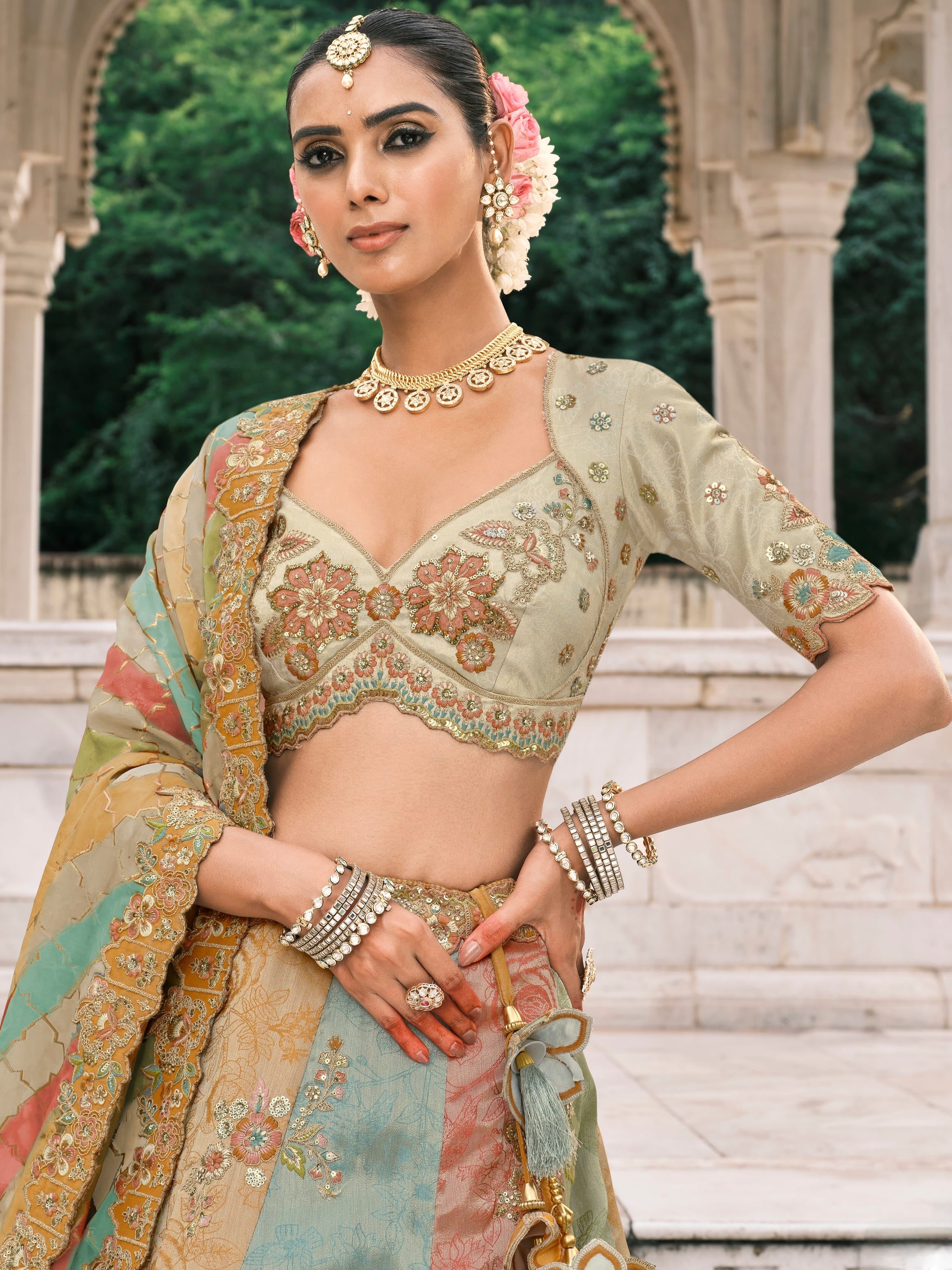 Multi-Color Bridal Lehenga with Embroidery & Cutwork Border