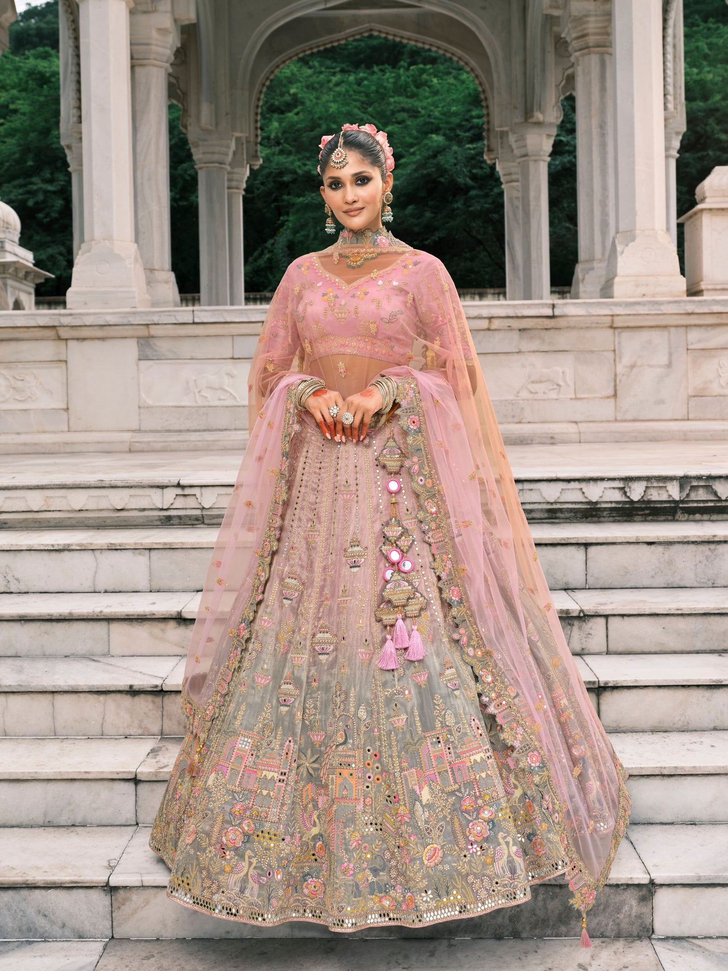 Dusty Pink Bridal Lehenga with Sequin &amp; Stone Embroidery