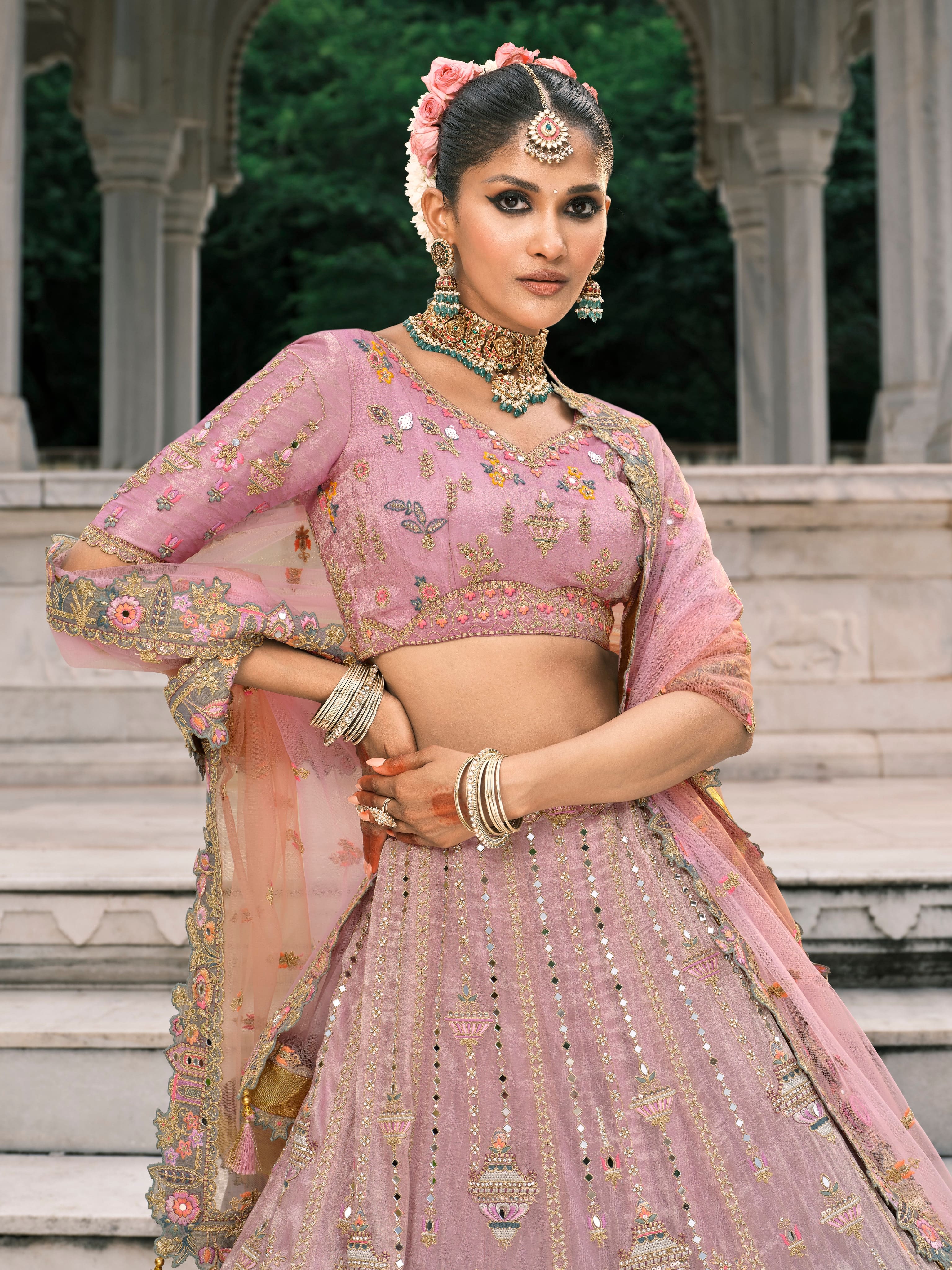 Dusty Pink Bridal Lehenga with Sequin &amp; Stone Embroidery