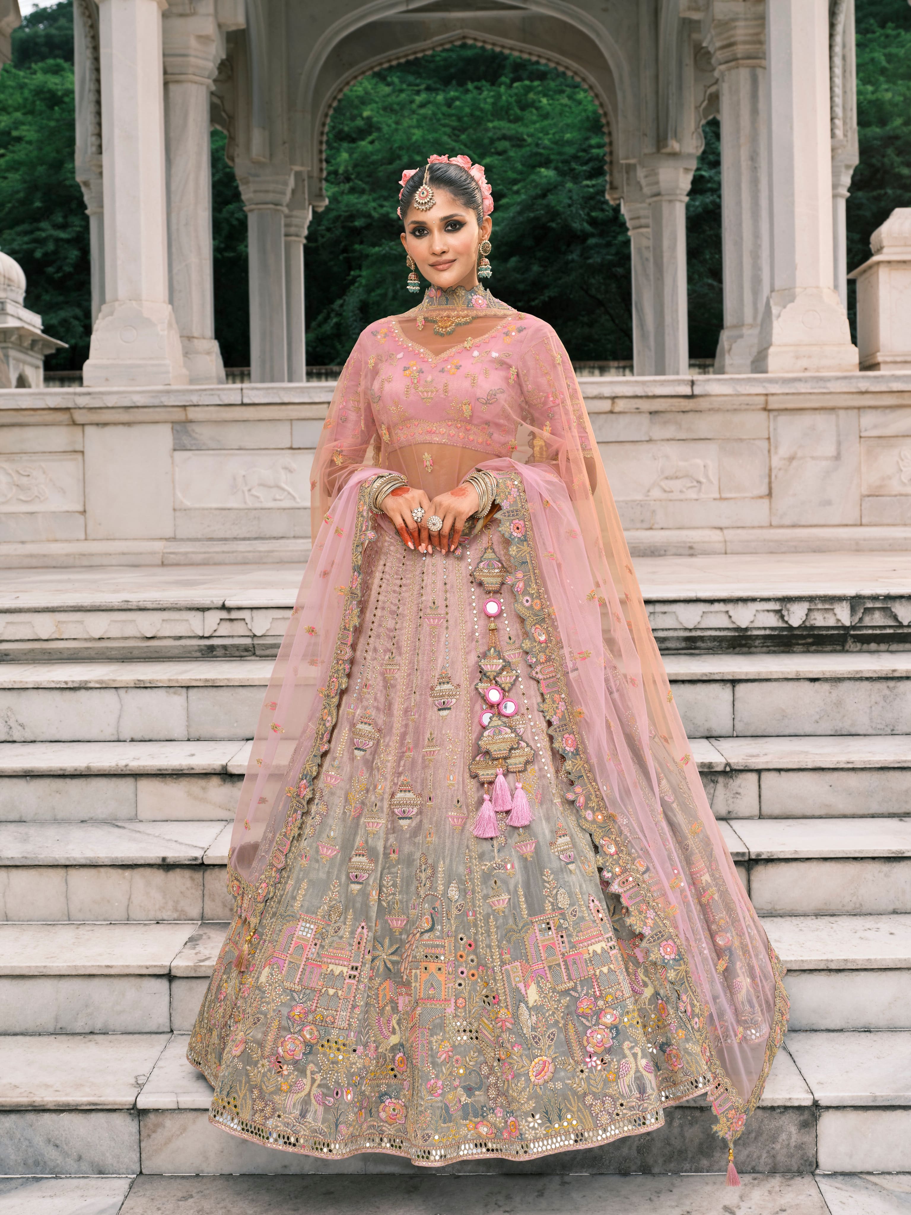 Dusty Pink Bridal Lehenga with Sequin &amp; Stone Embroidery