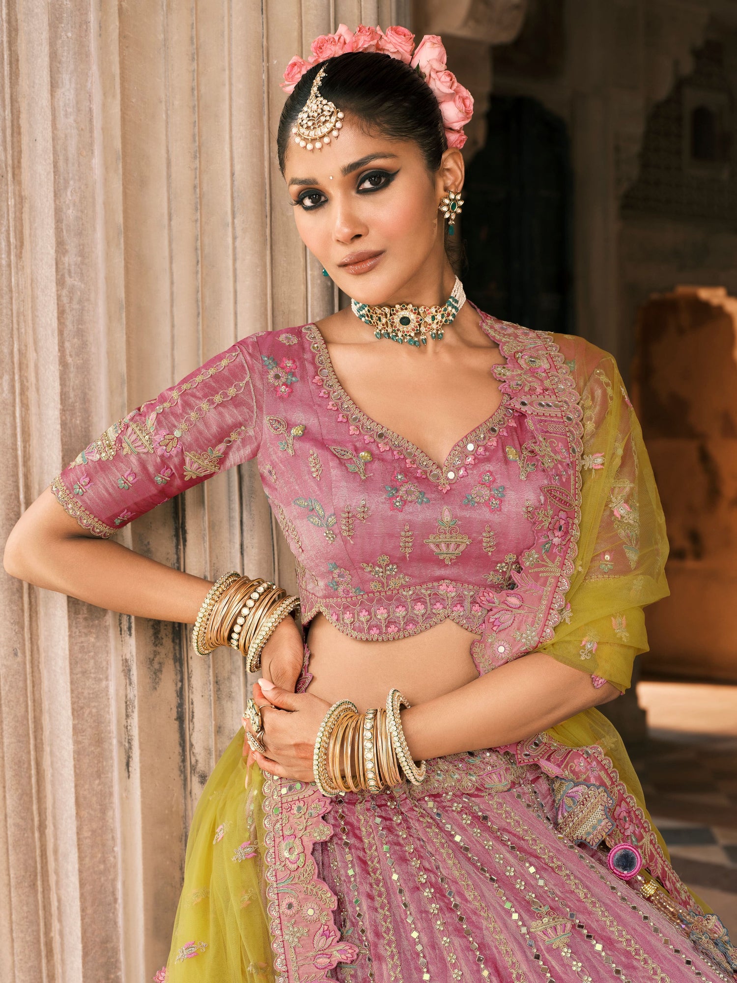 Lime Yellow Bridal Lehenga with Heavy Mirror &amp; Stone Work