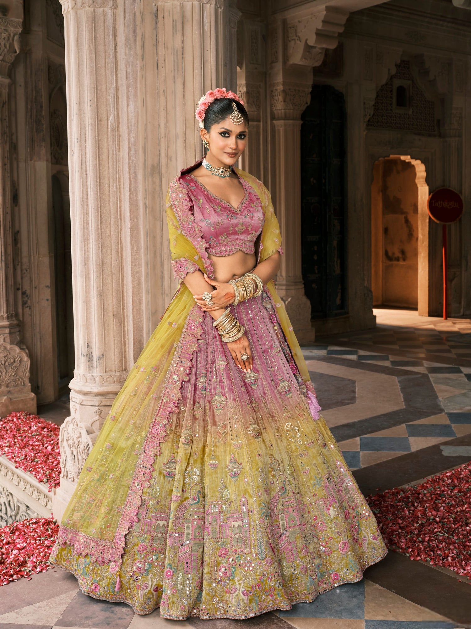 Lime Yellow Bridal Lehenga with Heavy Mirror &amp; Stone Work