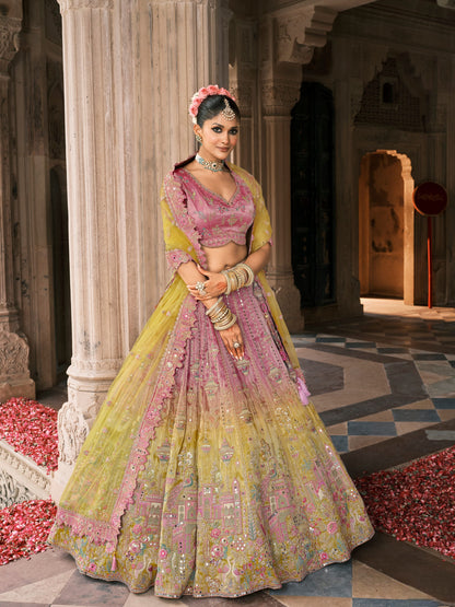 Lime Yellow Bridal Lehenga with Heavy Mirror &amp; Stone Work