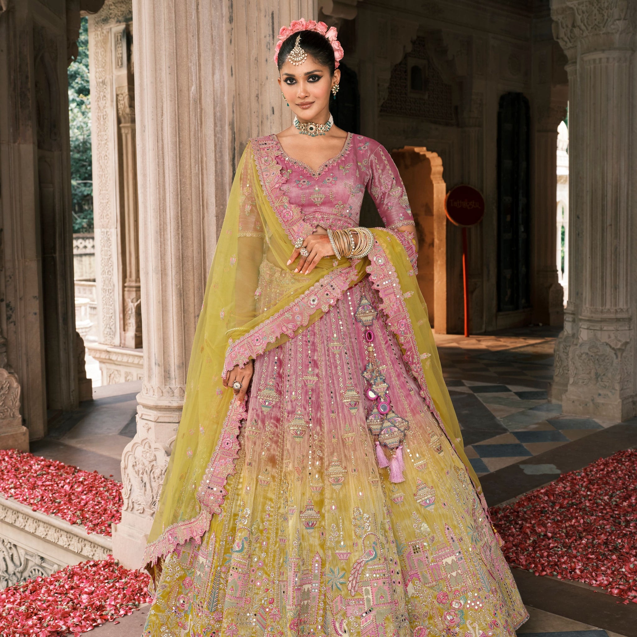 Lime Yellow Bridal Lehenga with Heavy Mirror & Stone Work