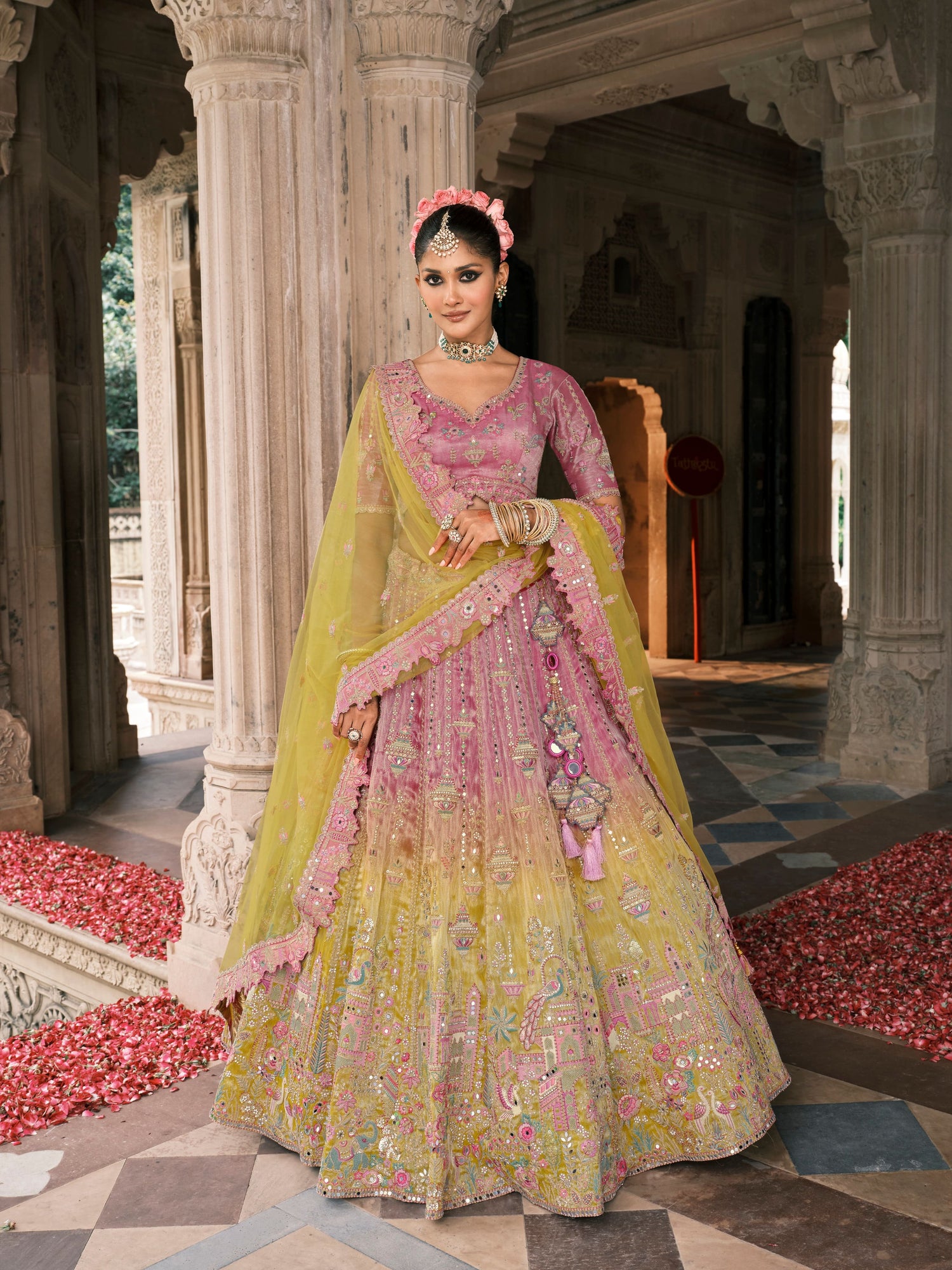 Lime Yellow Bridal Lehenga with Heavy Mirror &amp; Stone Work