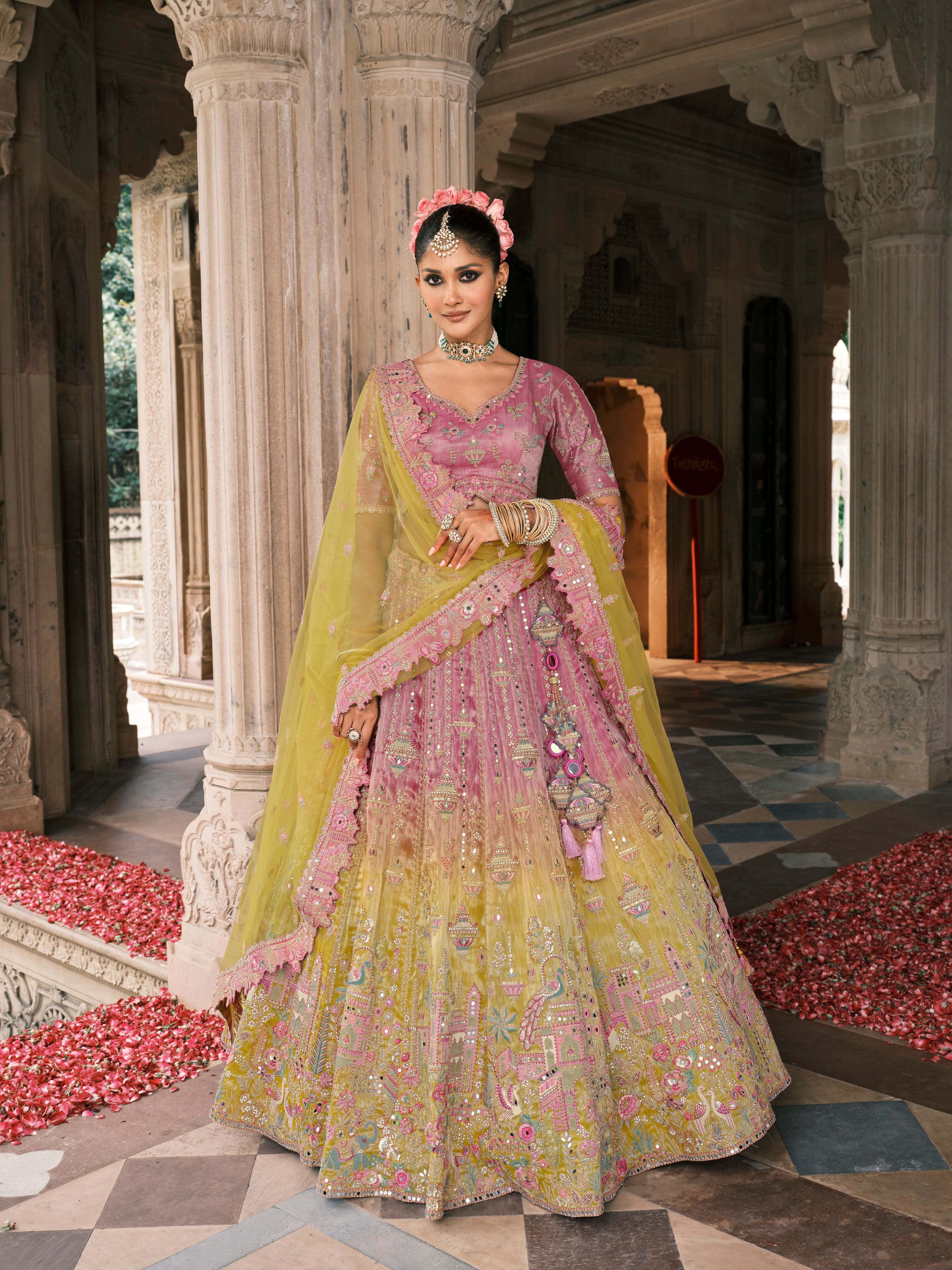 Lime Yellow Bridal Lehenga with Heavy Mirror &amp; Stone Work