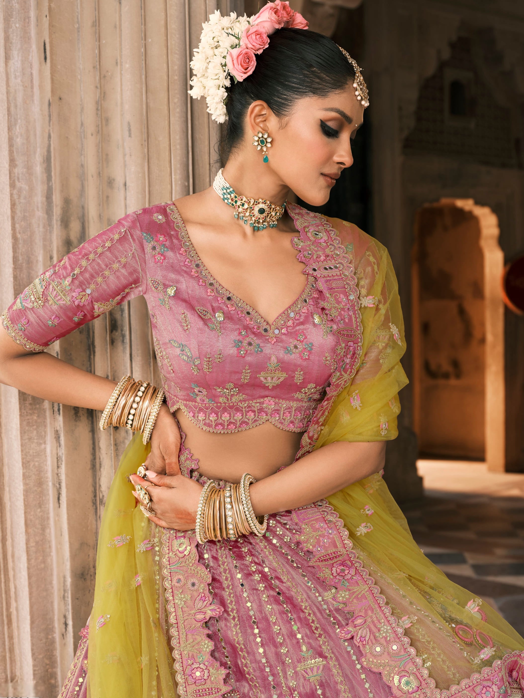 Lime Yellow Bridal Lehenga with Heavy Mirror & Stone Work