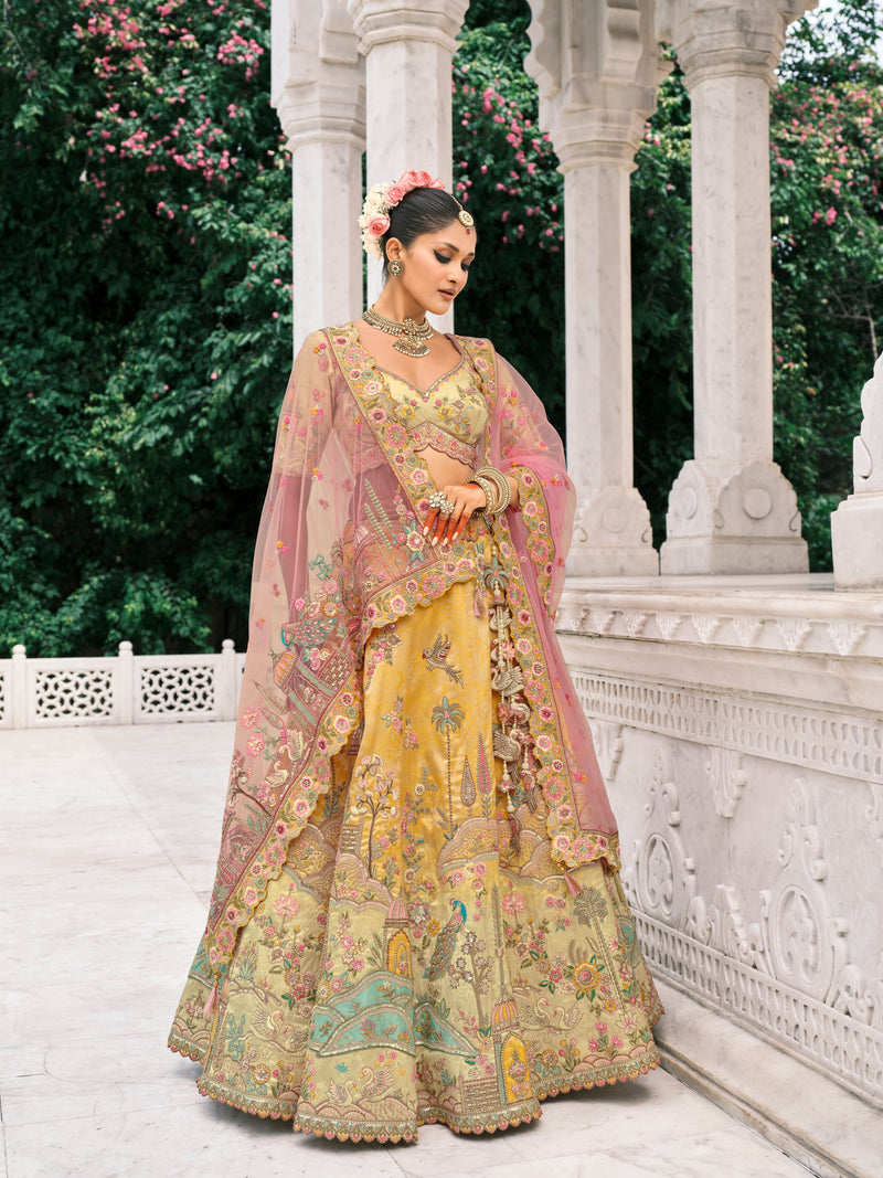 Golden Yellow Bridal Lehenga with Floral Mirror Embroidery
