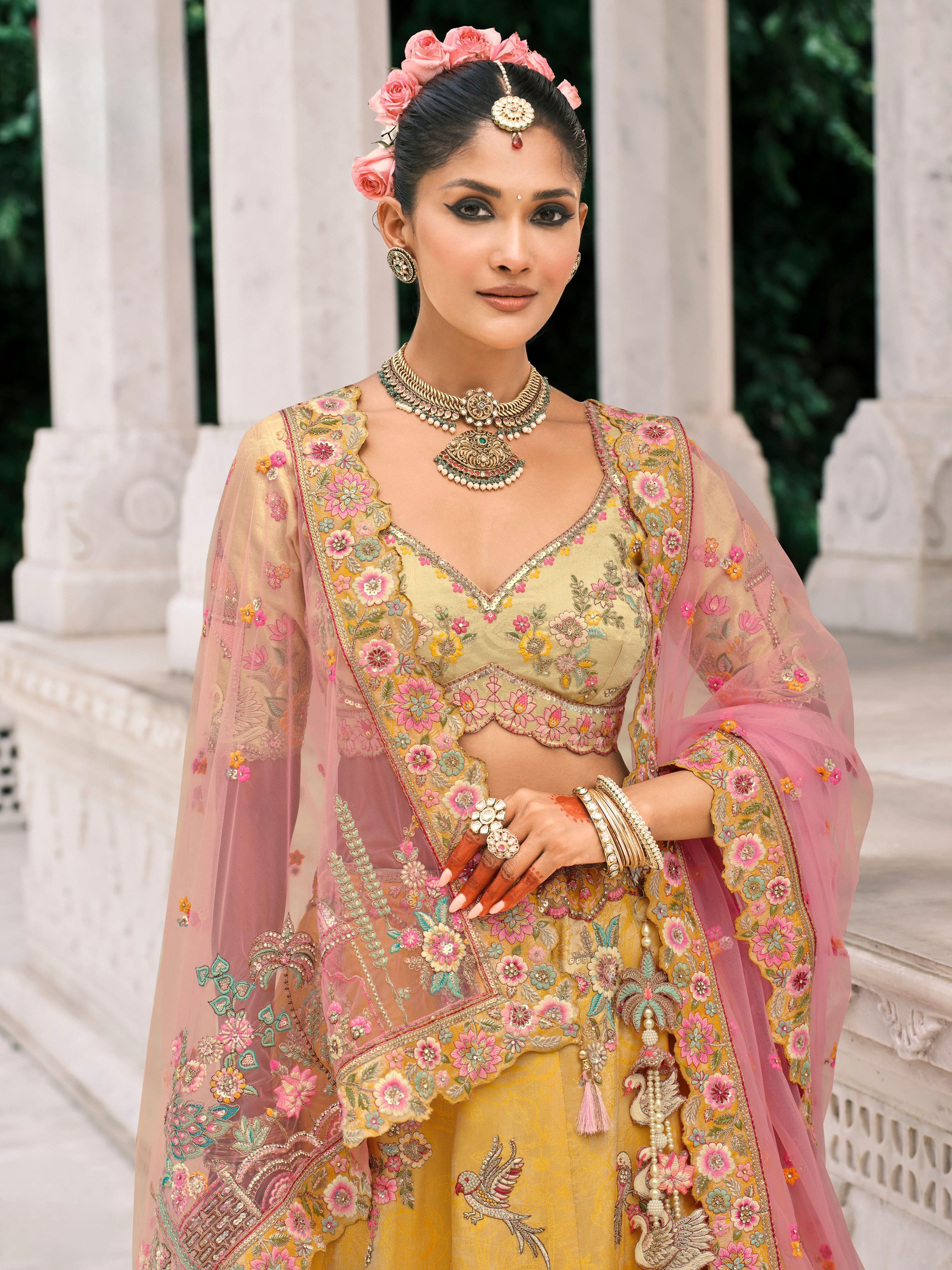 Golden Yellow Bridal Lehenga with Floral Mirror Embroidery