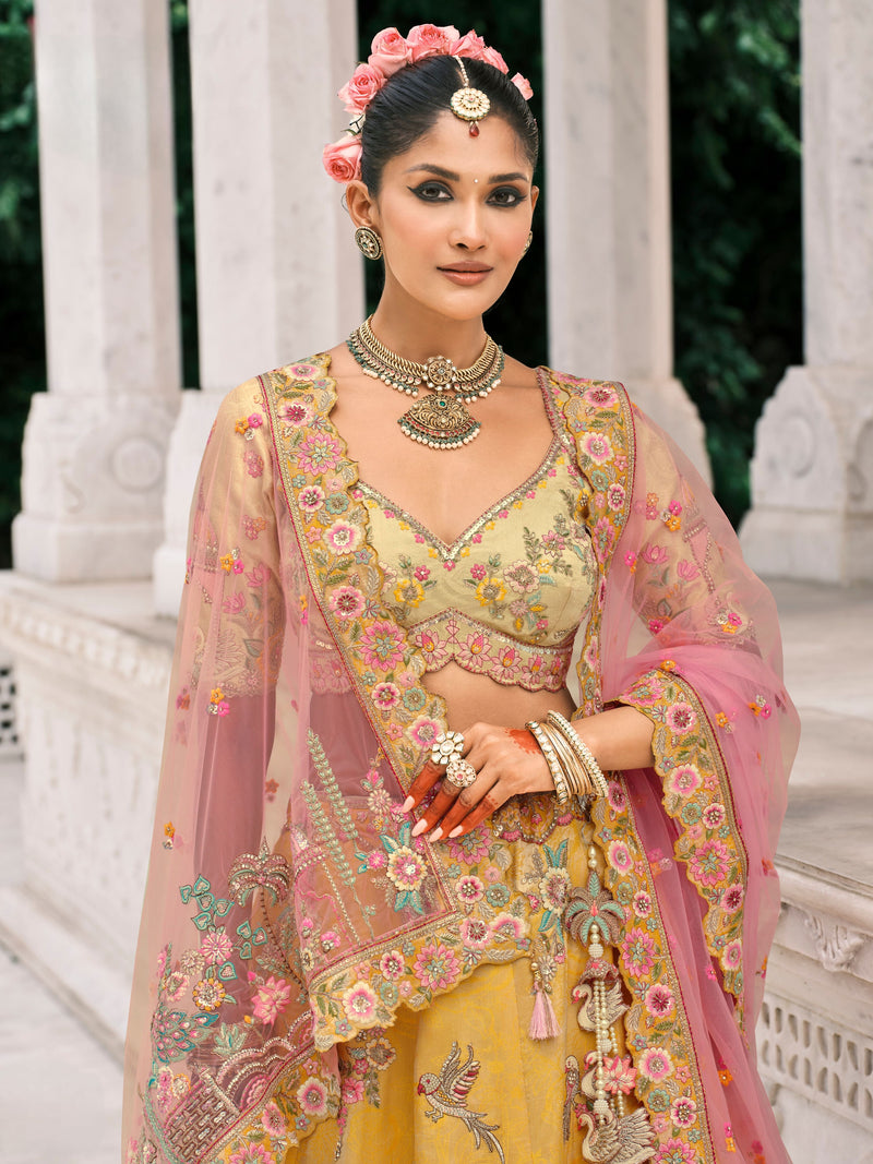 Golden Yellow Bridal Lehenga with Floral Mirror Embroidery