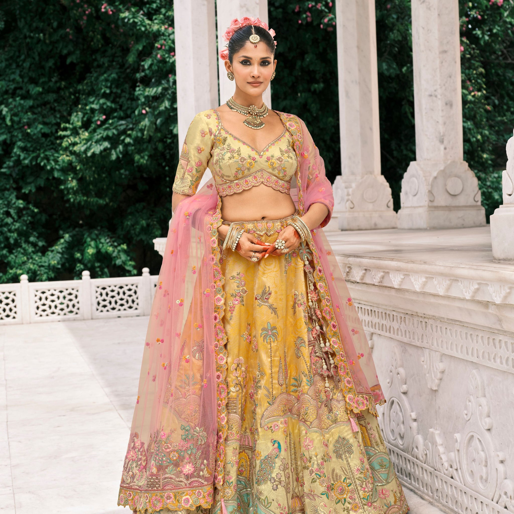 Golden Yellow Bridal Lehenga with Floral Mirror Embroidery