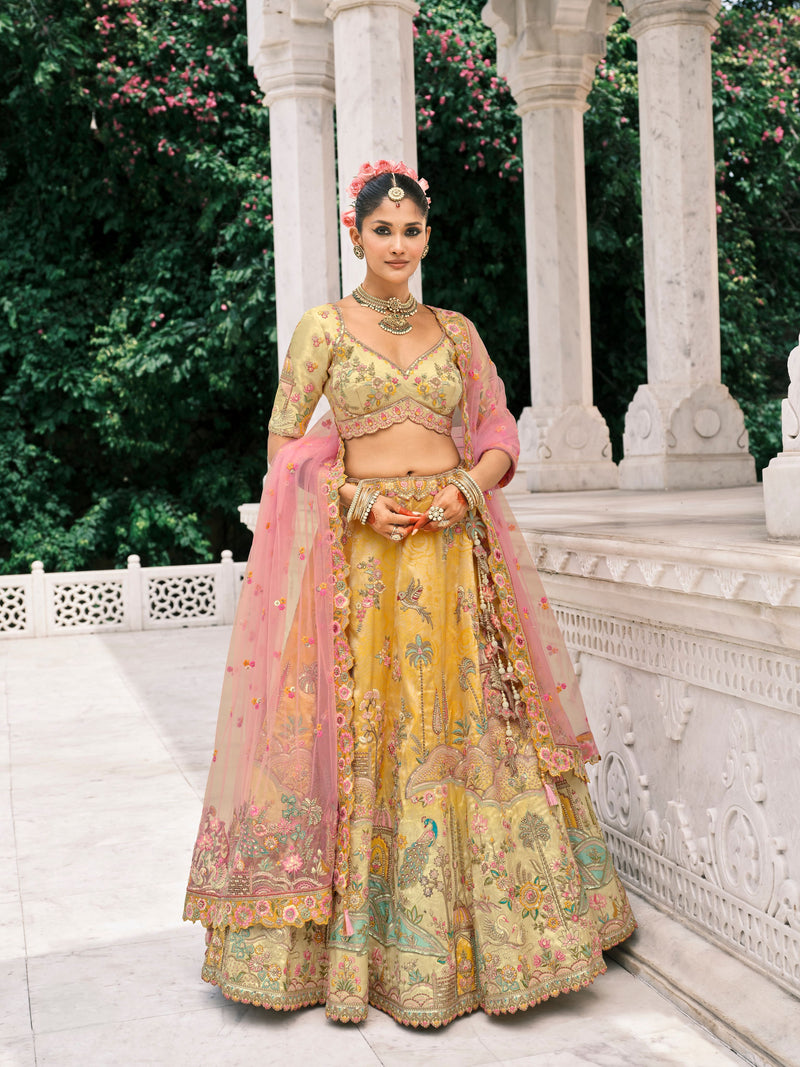 Golden Yellow Bridal Lehenga with Floral Mirror Embroidery