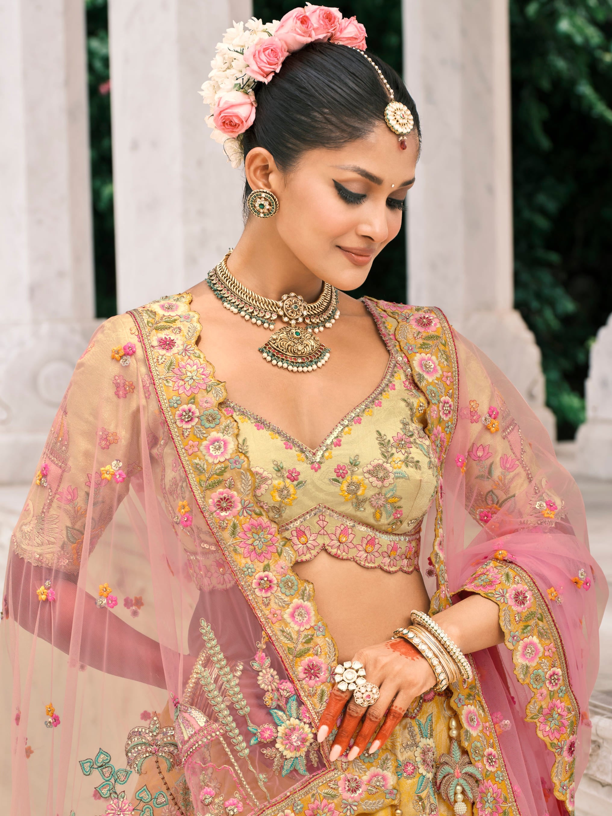 Golden Yellow Bridal Lehenga with Floral Mirror Embroidery