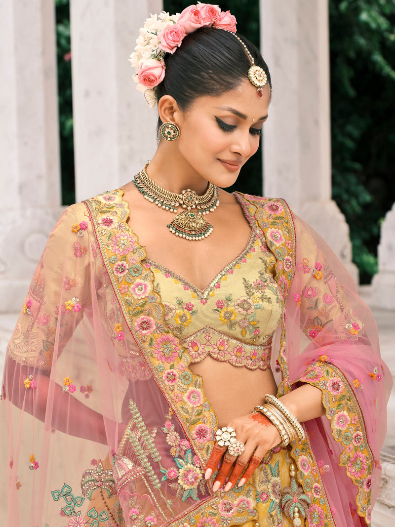 Golden Yellow Bridal Lehenga with Floral Mirror Embroidery