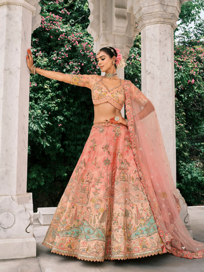 Peach Bridal Lehenga with Heavy Sequin &amp; Mirror Embroidery