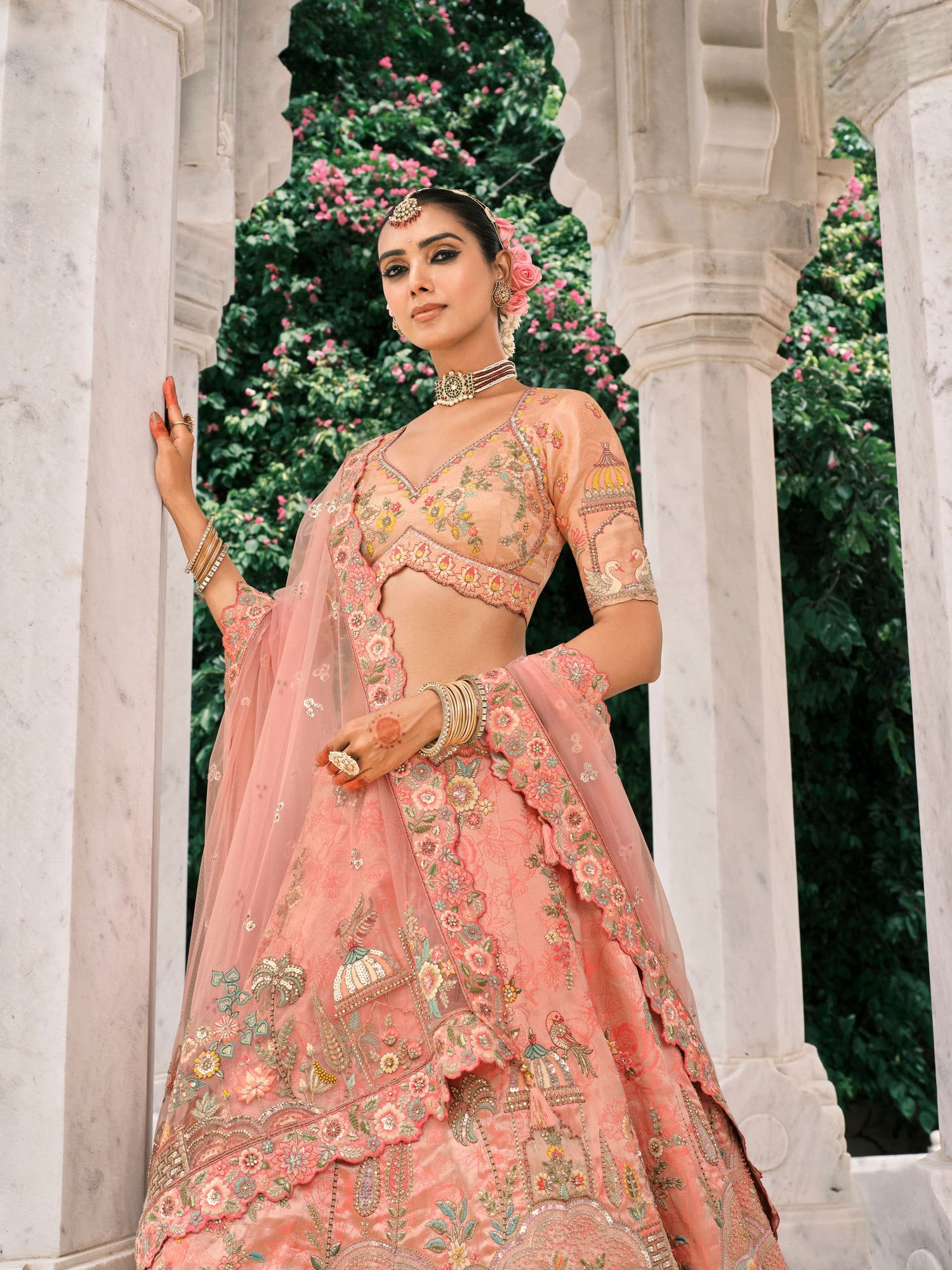 Peach Bridal Lehenga with Heavy Sequin &amp; Mirror Embroidery