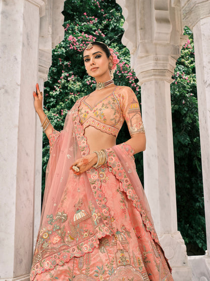 Peach Bridal Lehenga with Heavy Sequin &amp; Mirror Embroidery