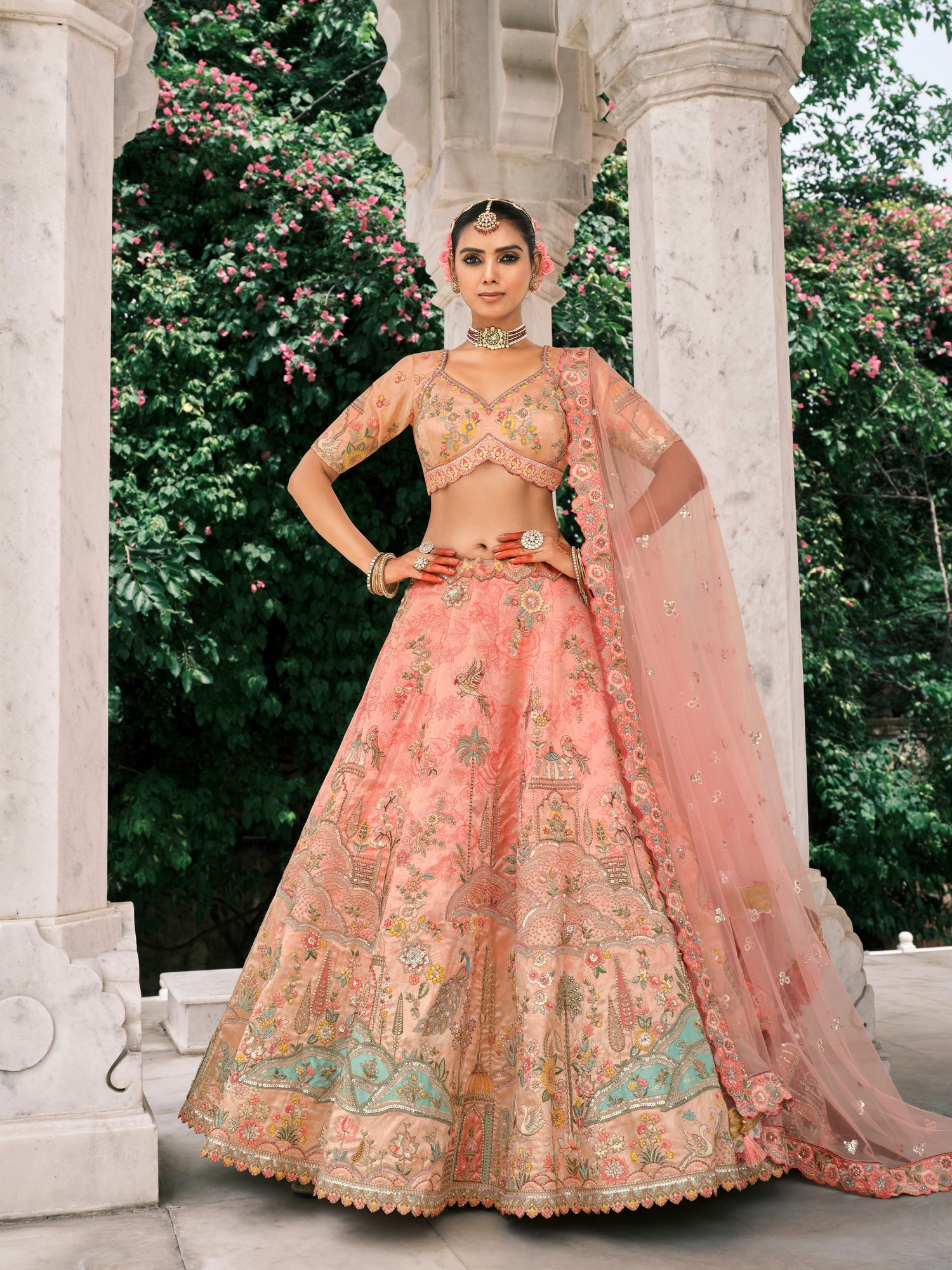 Peach Bridal Lehenga with Heavy Sequin &amp; Mirror Embroidery