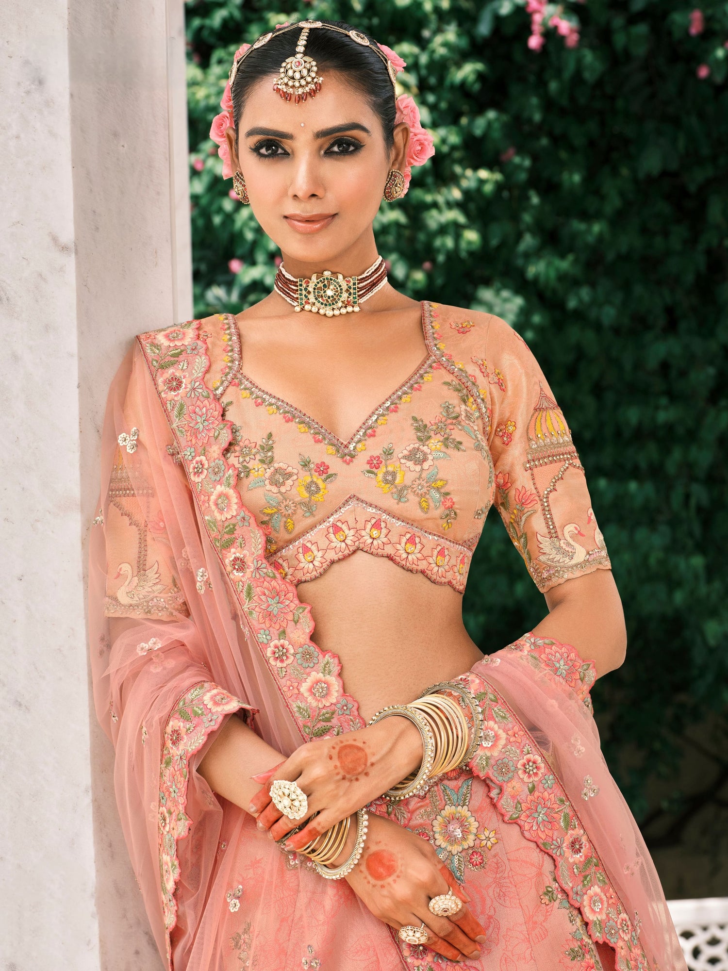 Peach Bridal Lehenga with Heavy Sequin &amp; Mirror Embroidery