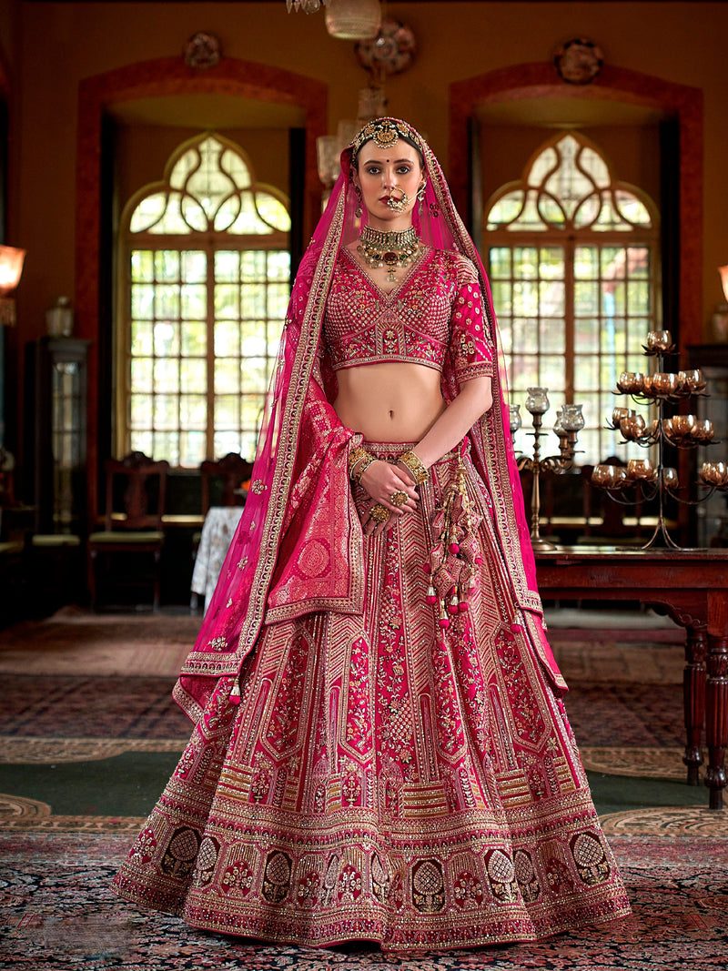 Pink bridal lehenga with pearls, zari weaving and 5 meter flair