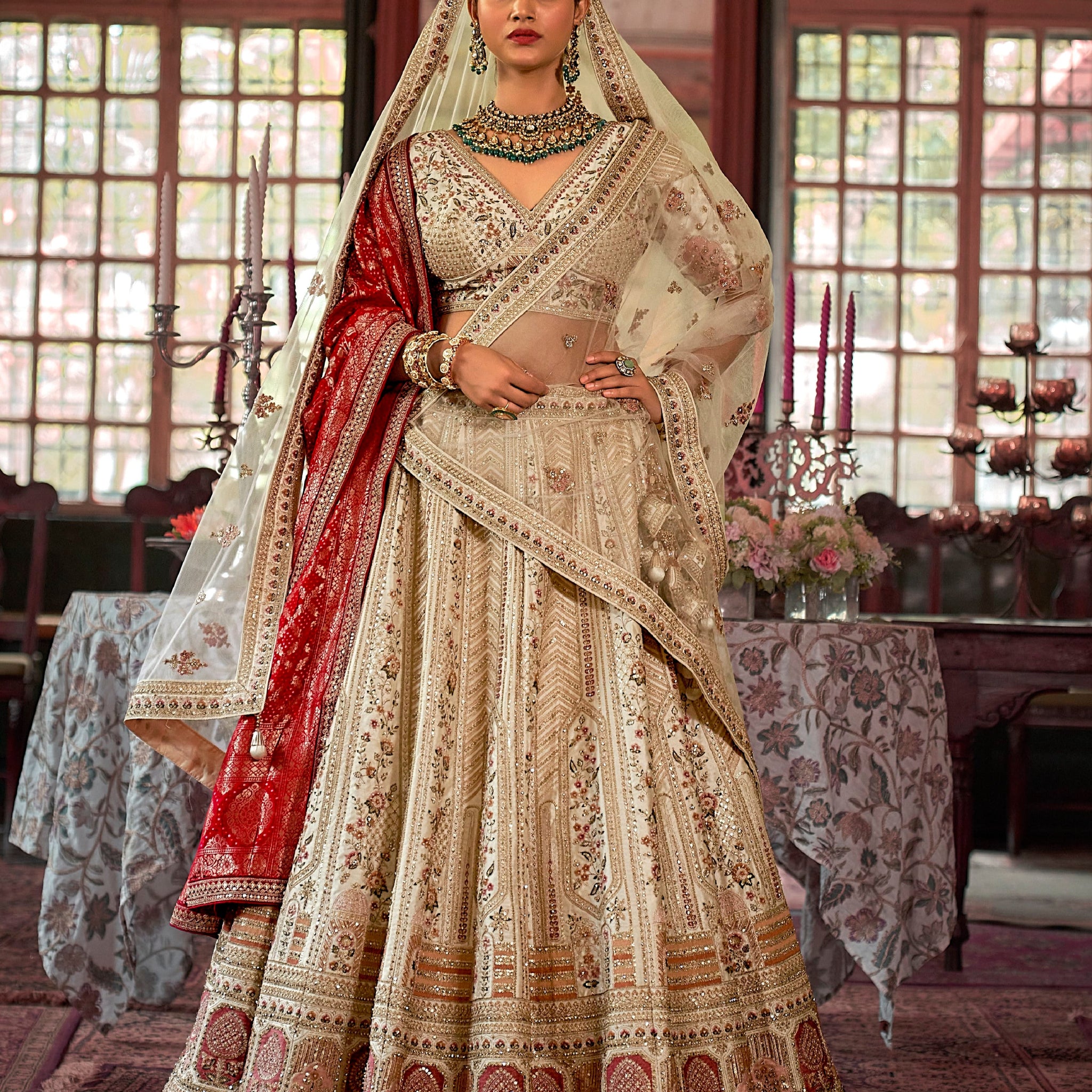 Elegant ivory wedding lehenga with sequins and double dupatta