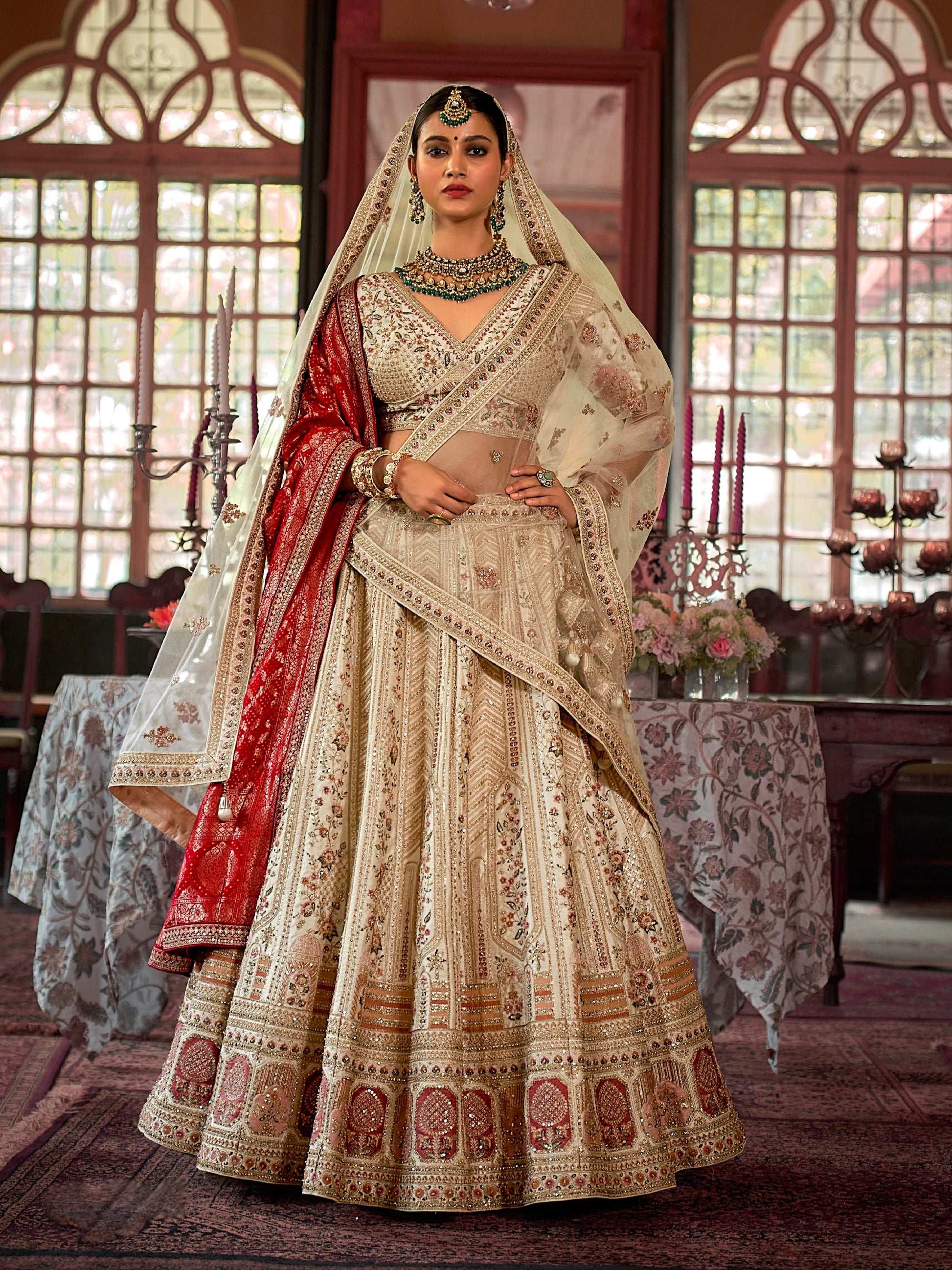 Ivory Bridal Silk Lehenga with Pearl, Zari Sequins Hand Embroidery