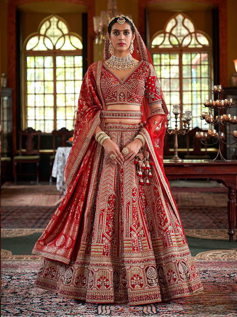 Designer red lehenga with sequins, pearls, and 5-meter flair