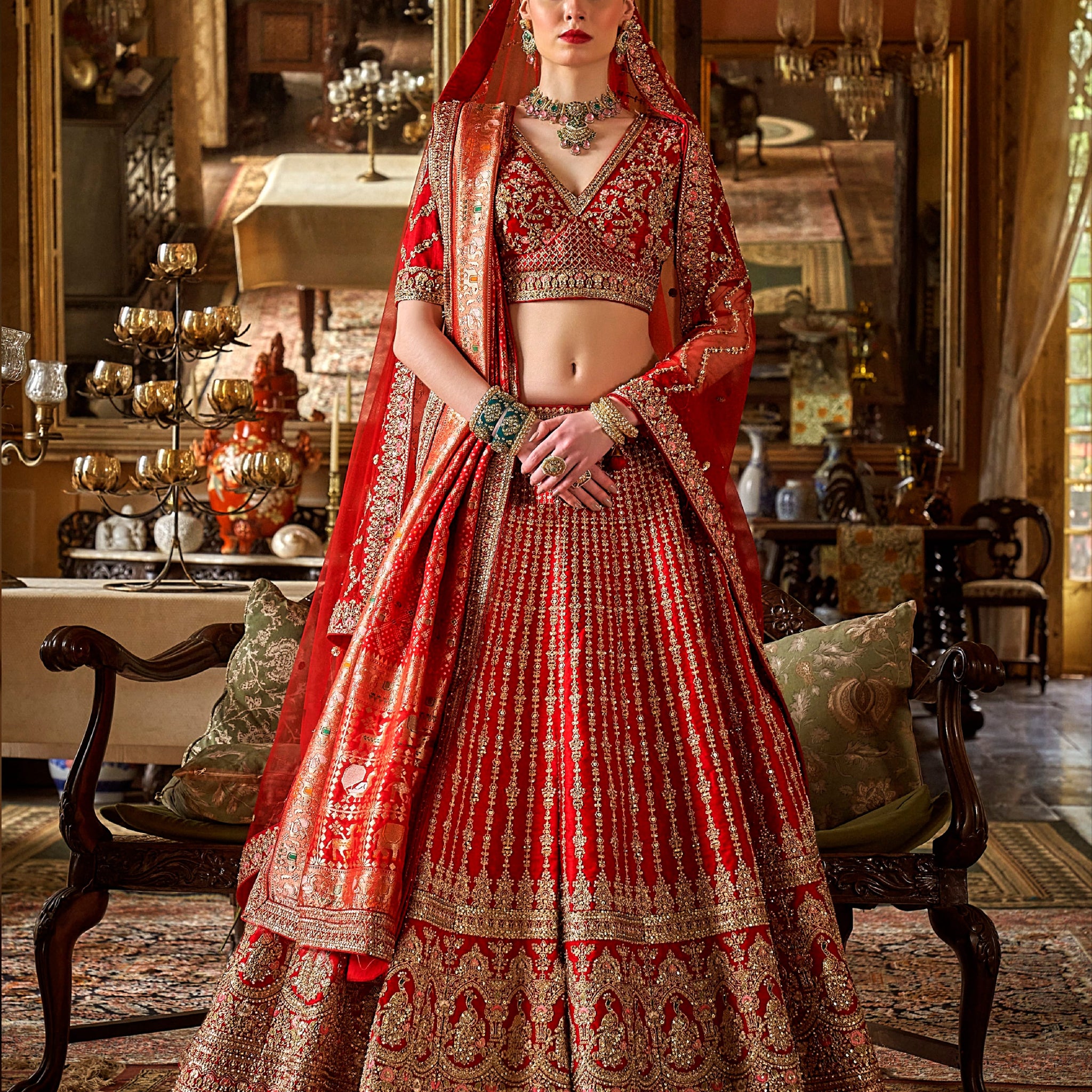 Designer red lehenga with pearl embroidery and double dupatta