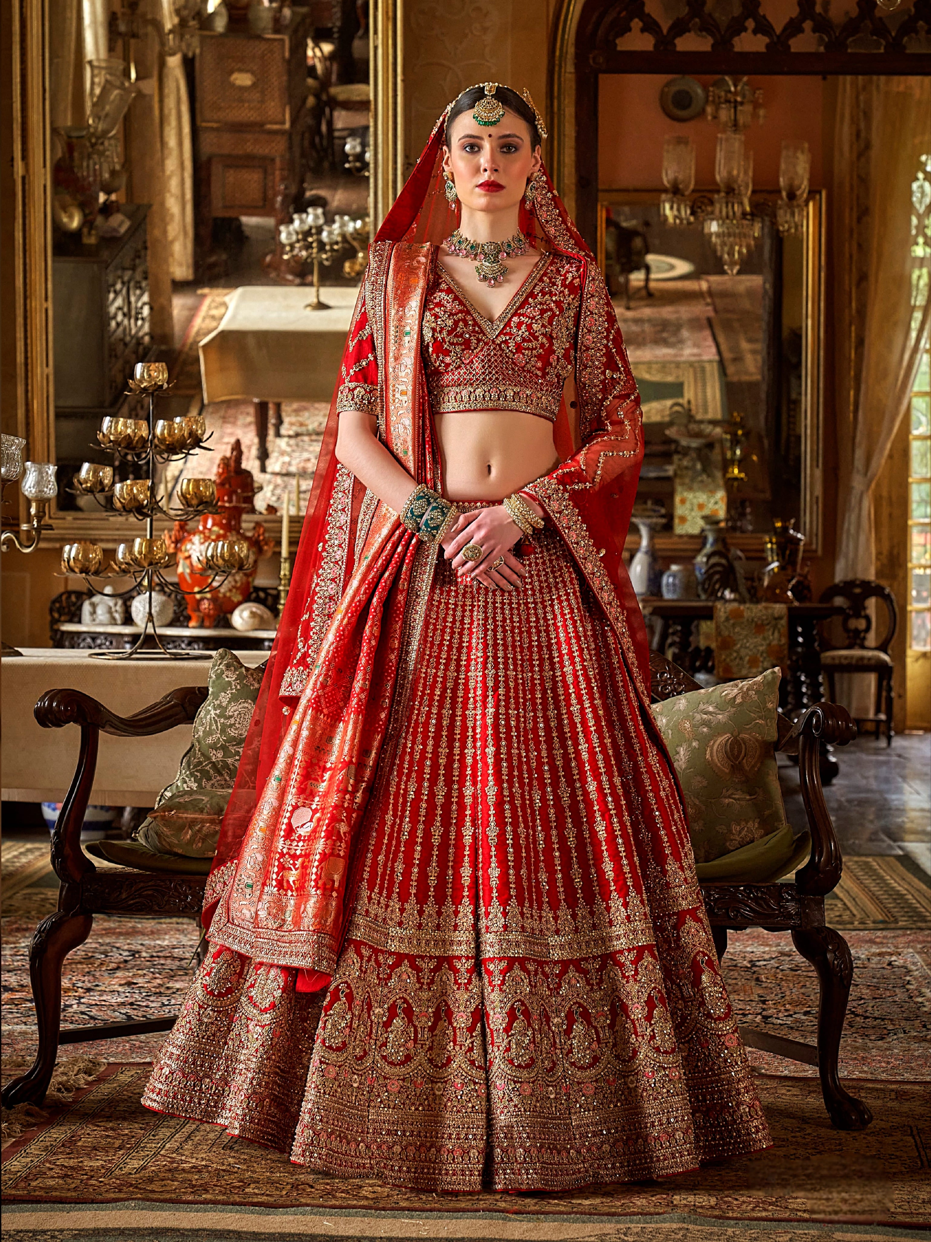 Designer red lehenga with pearl embroidery and double dupatta