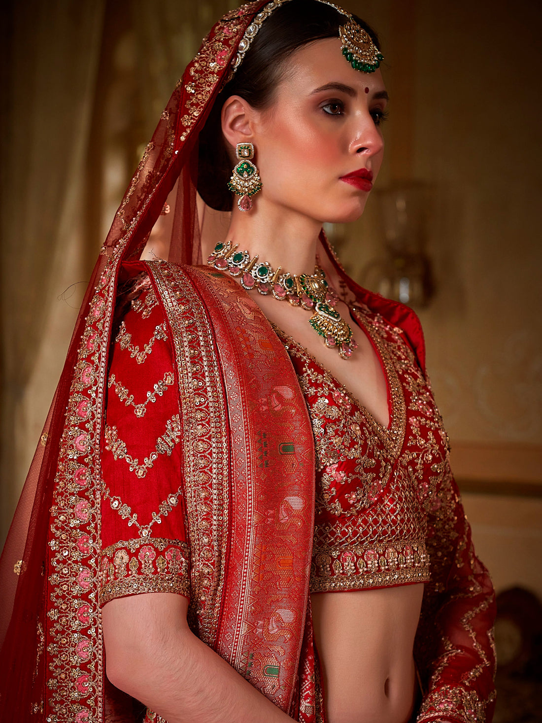 Designer red lehenga with pearl embroidery and double dupatta