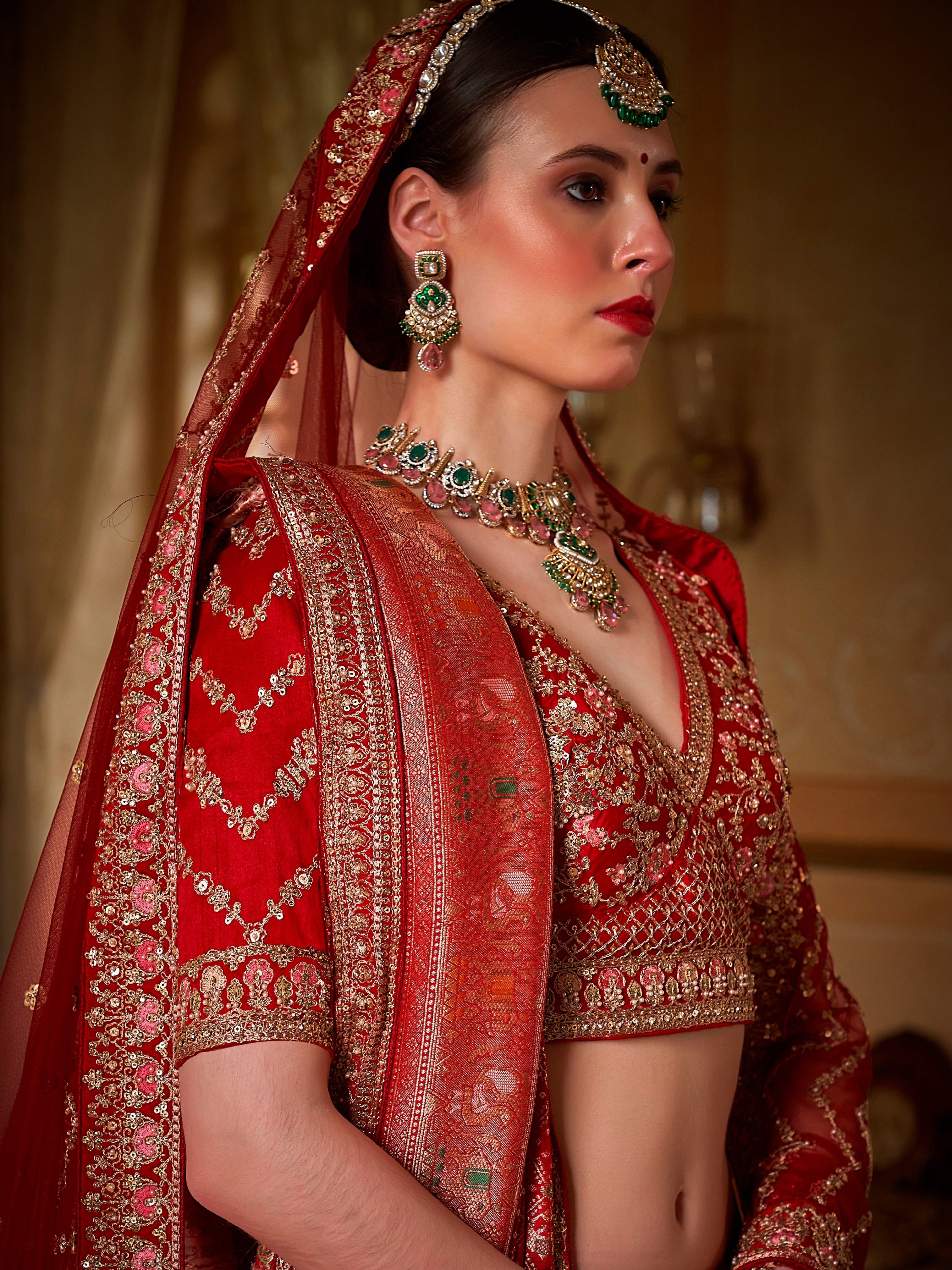 red bridal lehenga with 5-meter flair in silk fabric