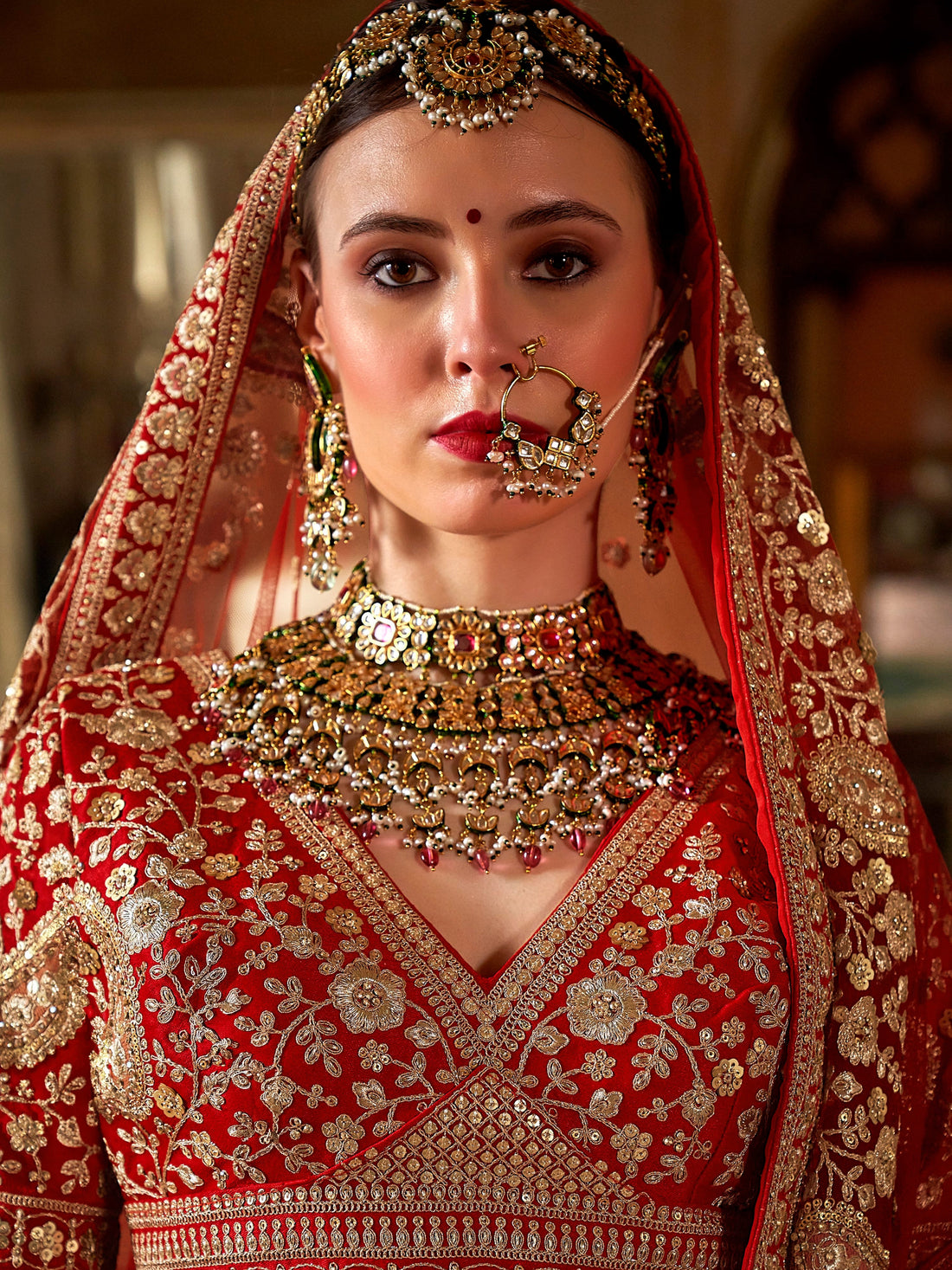 Designer scarlet wedding lehenga with sequins & pearls