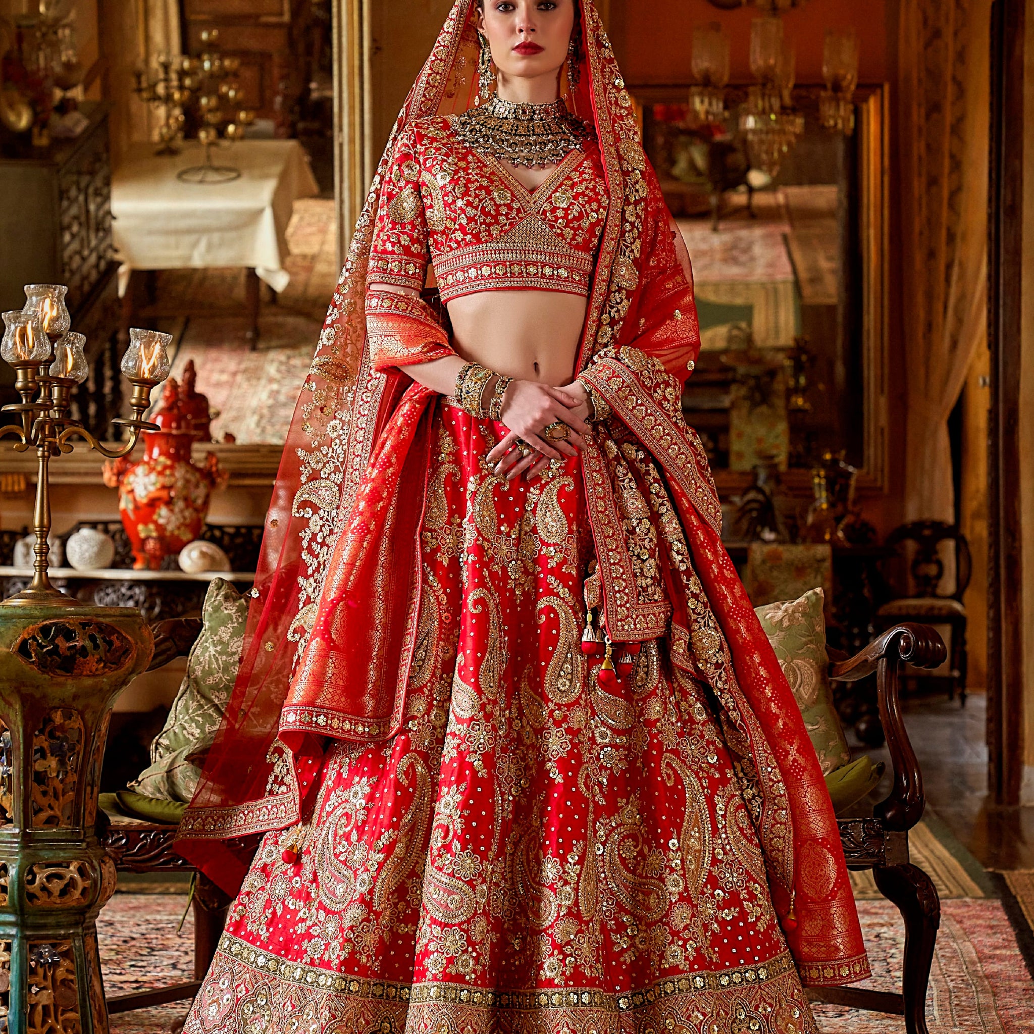 Designer scarlet wedding lehenga with sequins & pearls