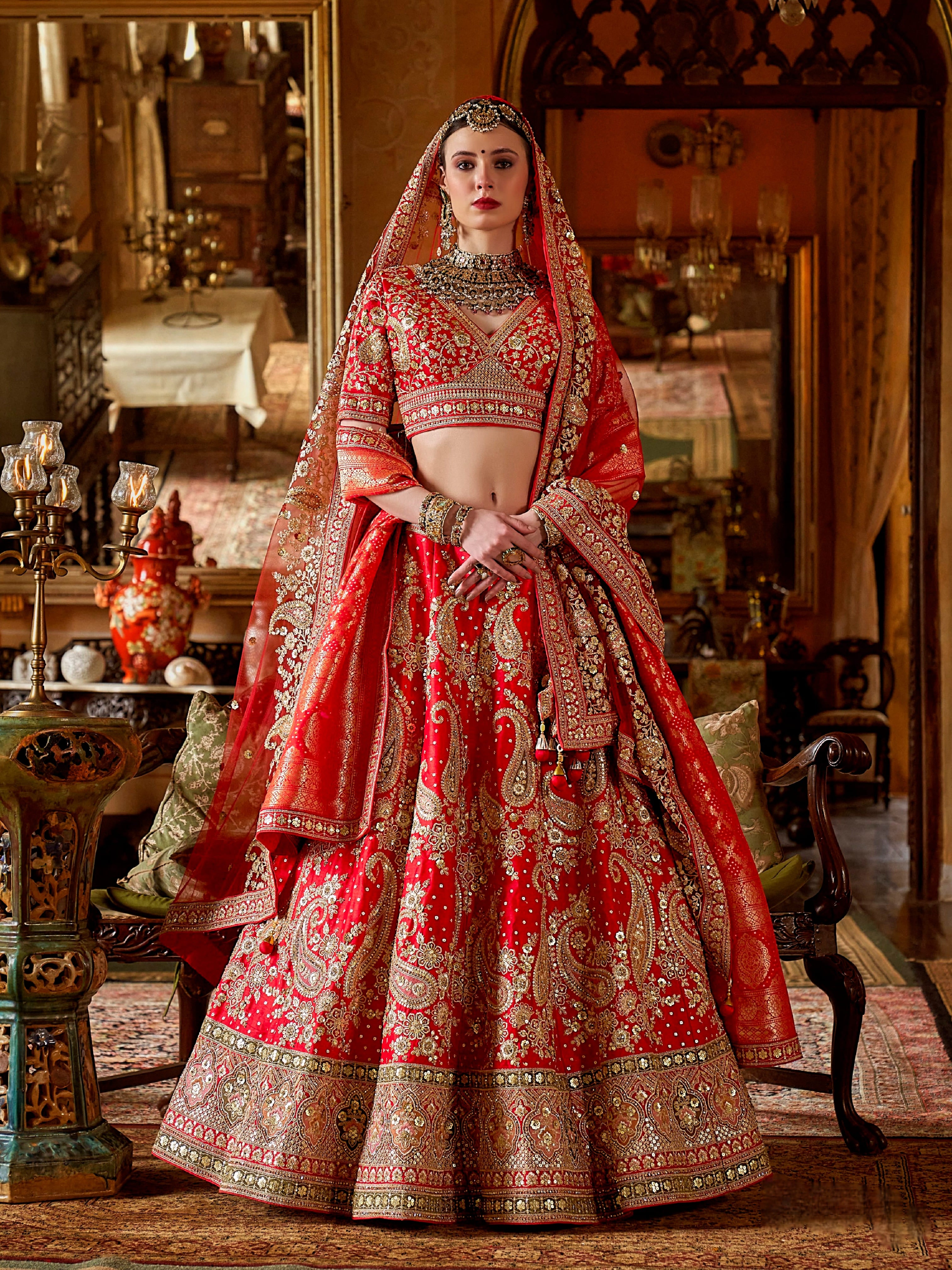 Designer scarlet wedding lehenga with sequins & pearls