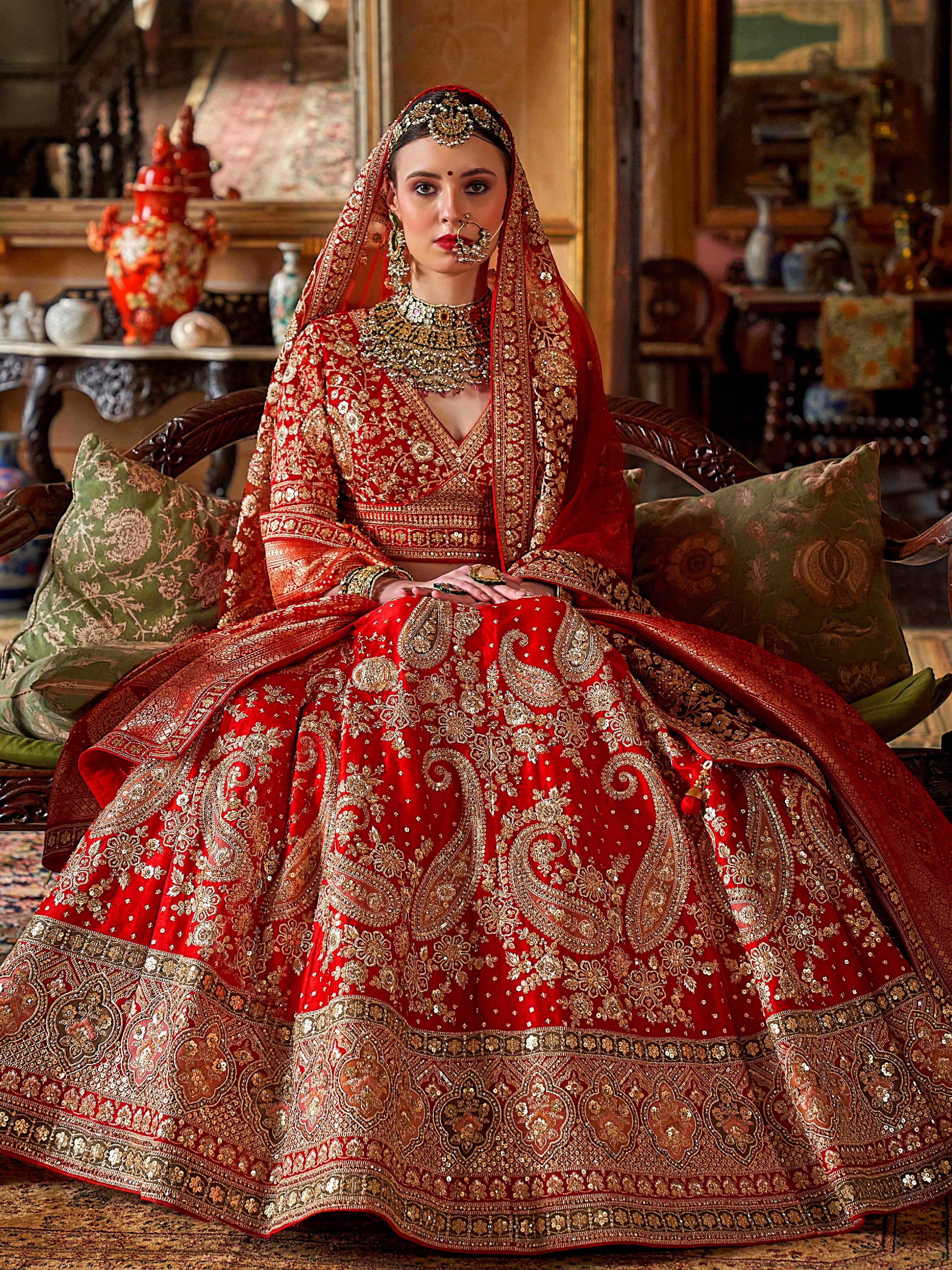 Luxury Indian wedding lehenga in scarlet silk
