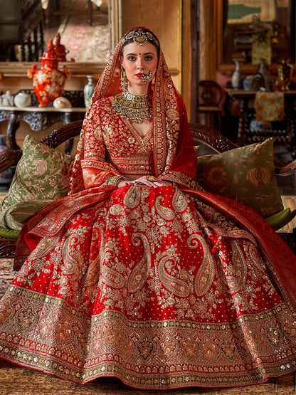 Luxury Indian wedding lehenga in scarlet silk