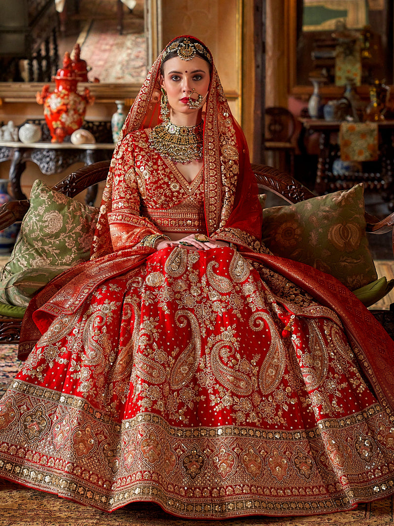 Luxury Indian wedding lehenga in scarlet silk