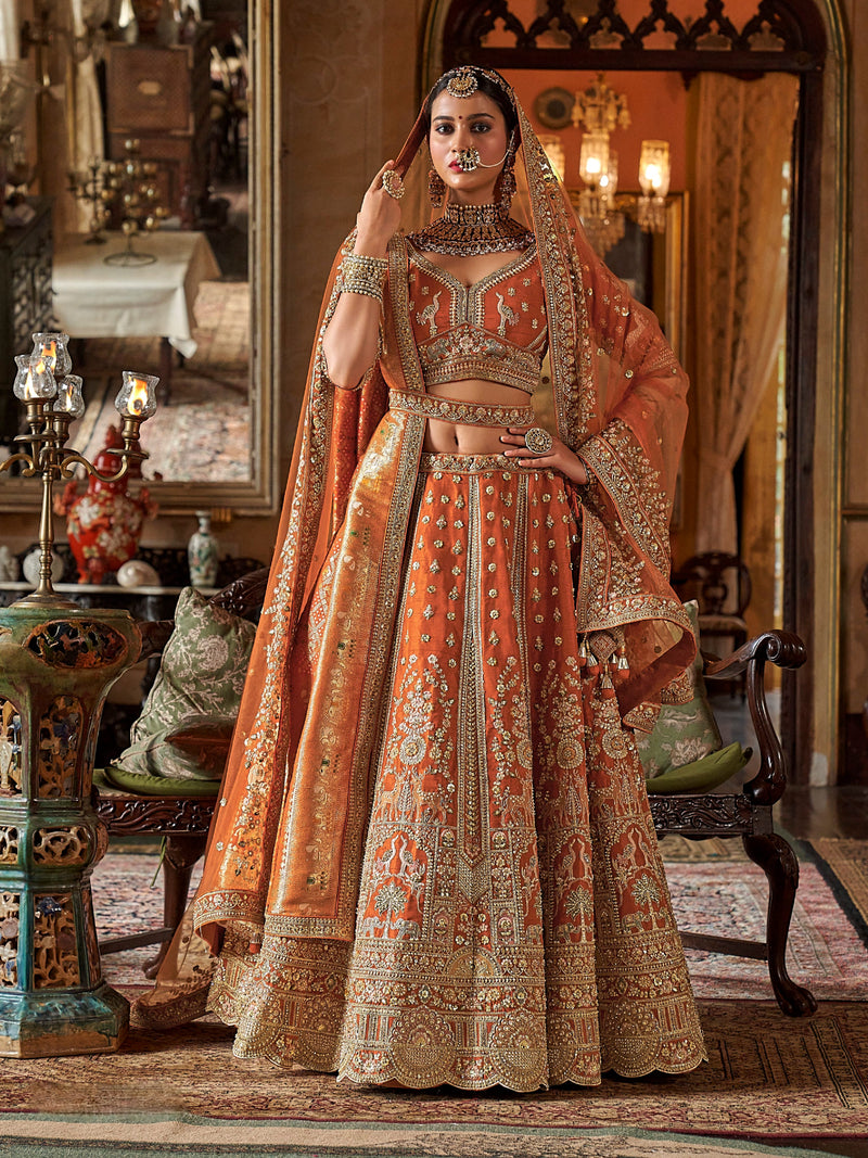 Elegant orange silk bridal lehenga with embroidery work