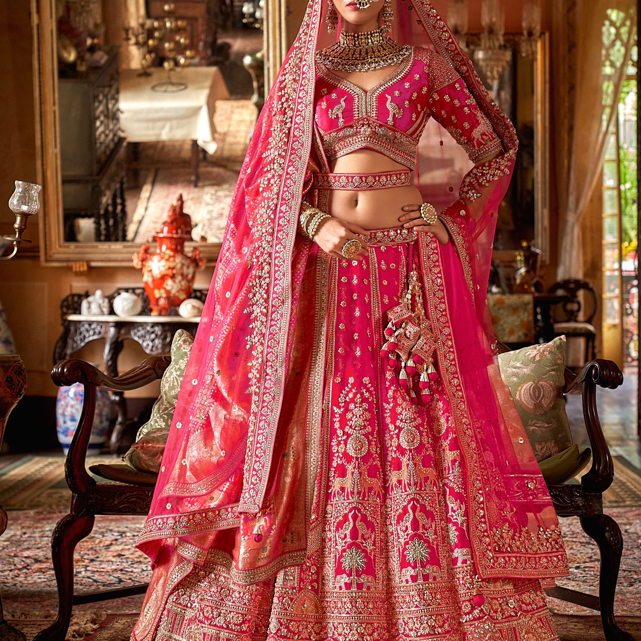 Hot pink bridal silk lehenga with sequins embroidery