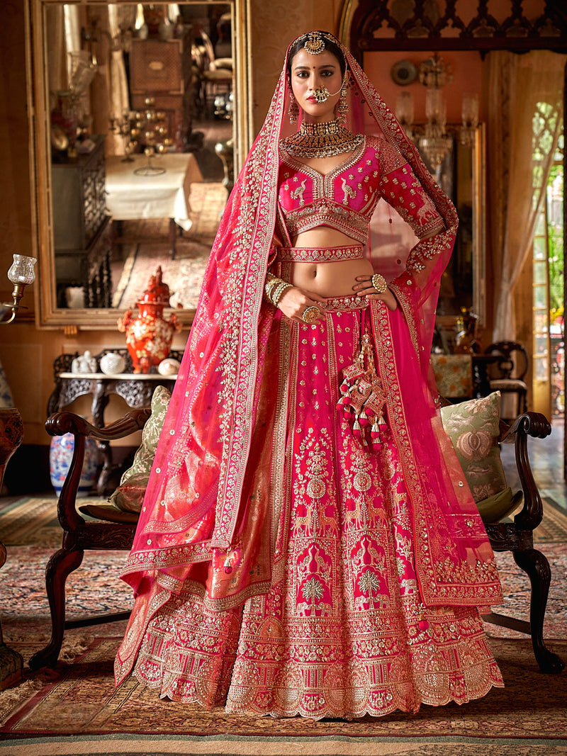 Hot pink bridal silk lehenga with sequins embroidery